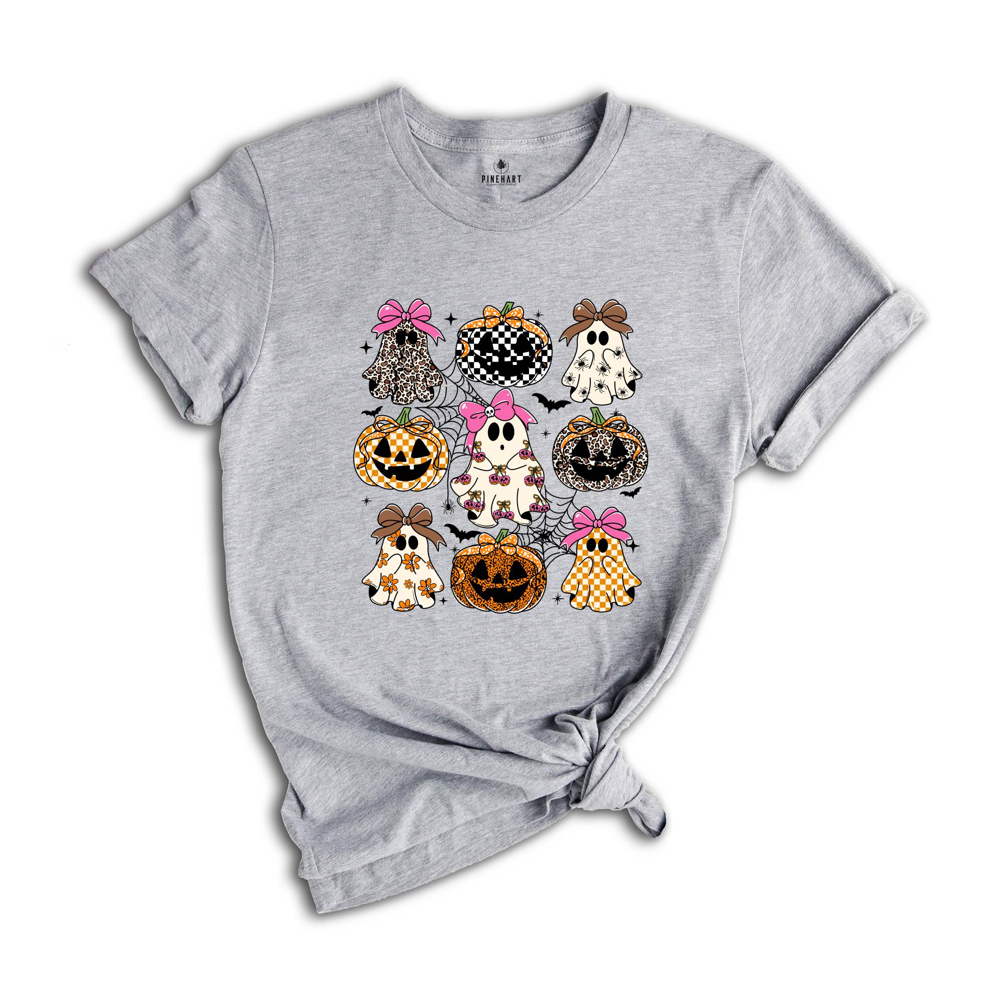 Coquette Leopard Pumpkin Ghost Shirt, Halloween Girly Ghost T-shirt, Retro Checkered Ghosts Pumpkin Cherries Tee