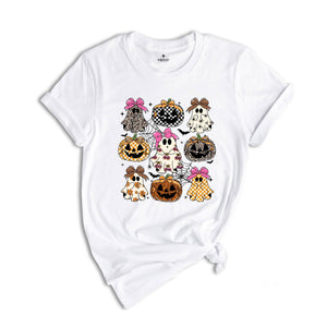 Coquette Leopard Pumpkin Ghost Shirt, Halloween Girly Ghost T-shirt, Retro Checkered Ghosts Pumpkin Cherries Tee