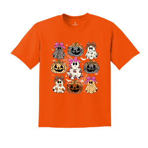 Coquette Leopard Pumpkin Ghost Shirt, Halloween Girly Ghost T-shirt, Retro Checkered Ghosts Pumpkin Cherries Tee
