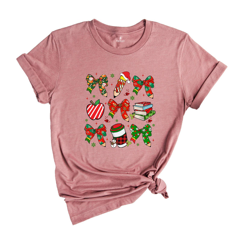 Coquette Teacher Christmas Shirt, Holiday Bow Teacher T-Shirt, Elementary School Xmas Tee, Winter Teacher Appreciation Gift