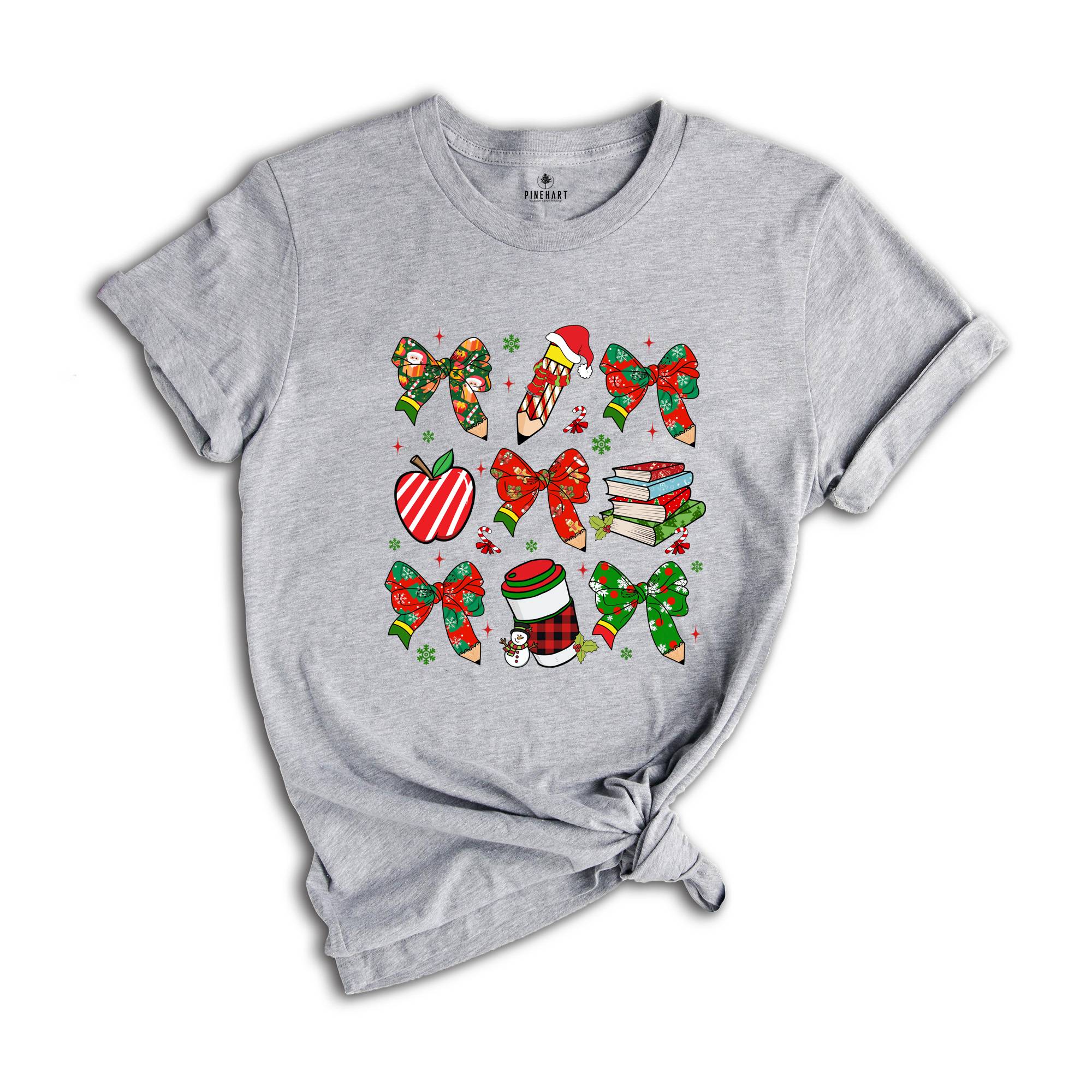 Coquette Teacher Christmas Shirt, Holiday Bow Teacher T-Shirt, Elementary School Xmas Tee, Winter Teacher Appreciation Gift