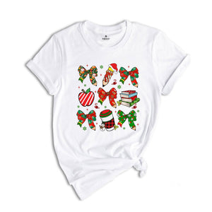 Coquette Teacher Christmas Shirt, Holiday Bow Teacher T-Shirt, Elementary School Xmas Tee, Winter Teacher Appreciation Gift