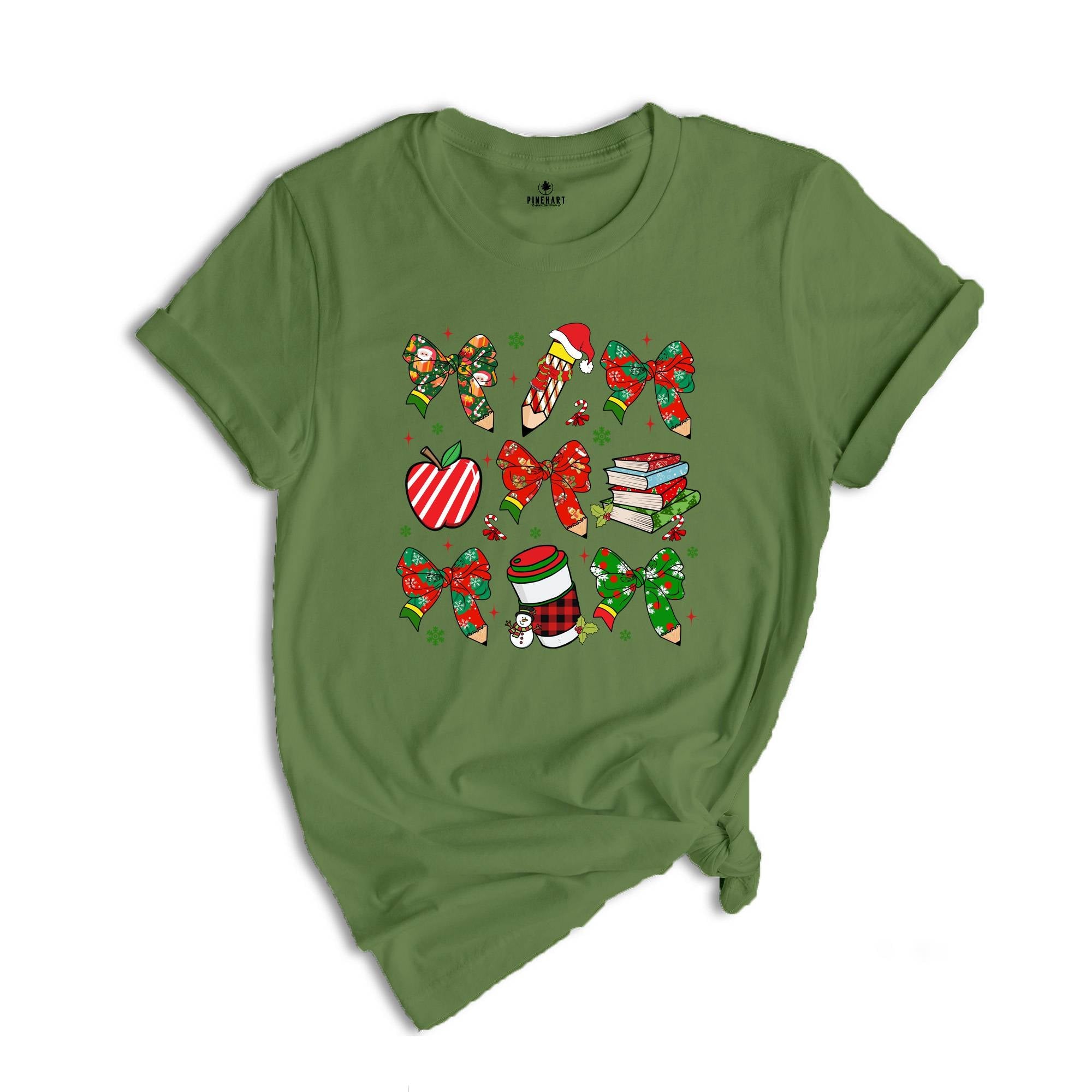 Coquette Teacher Christmas Shirt, Holiday Bow Teacher T-Shirt, Elementary School Xmas Tee, Winter Teacher Appreciation Gift