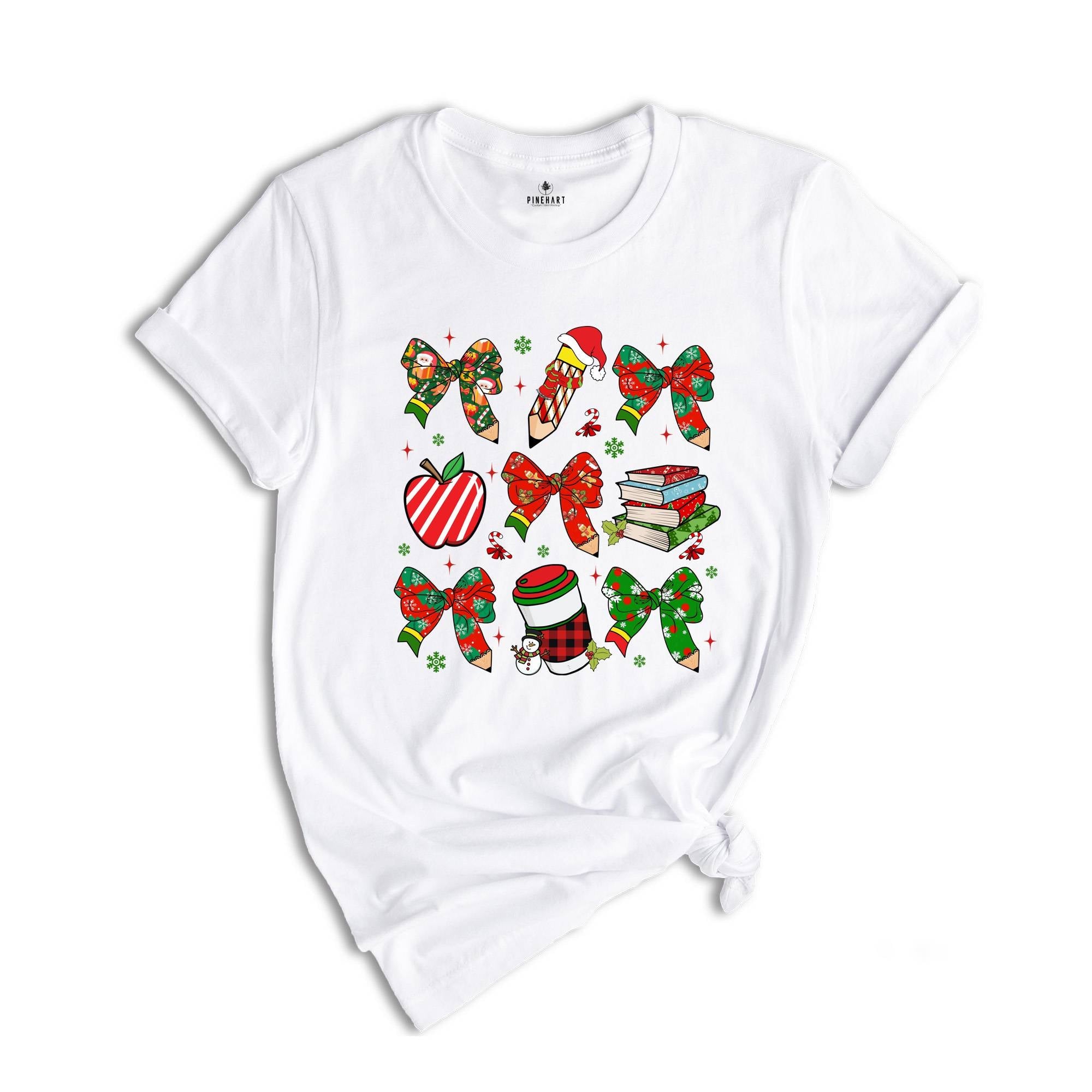 Coquette Teacher Christmas Shirt, Holiday Bow Teacher T-Shirt, Elementary School Xmas Tee, Winter Teacher Appreciation Gift