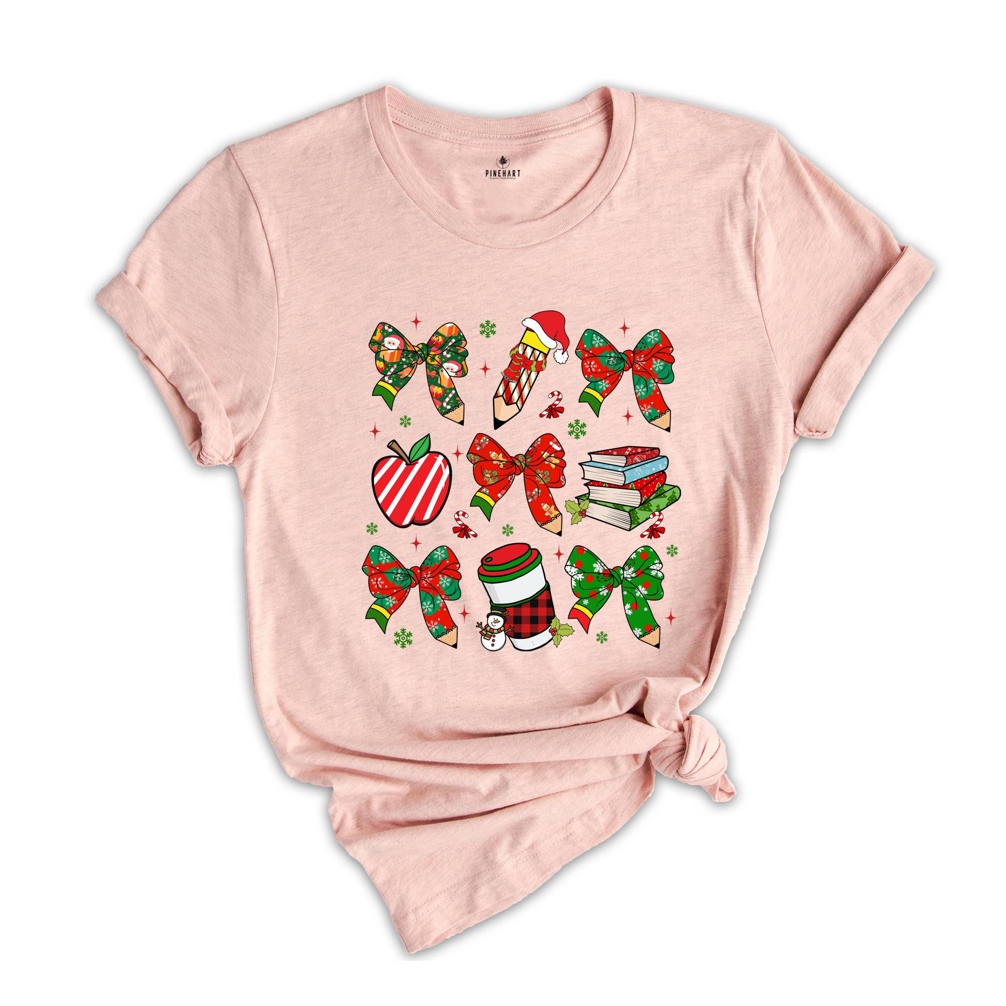 Coquette Teacher Christmas Shirt, Holiday Bow Teacher T-Shirt, Elementary School Xmas Tee, Winter Teacher Appreciation Gift