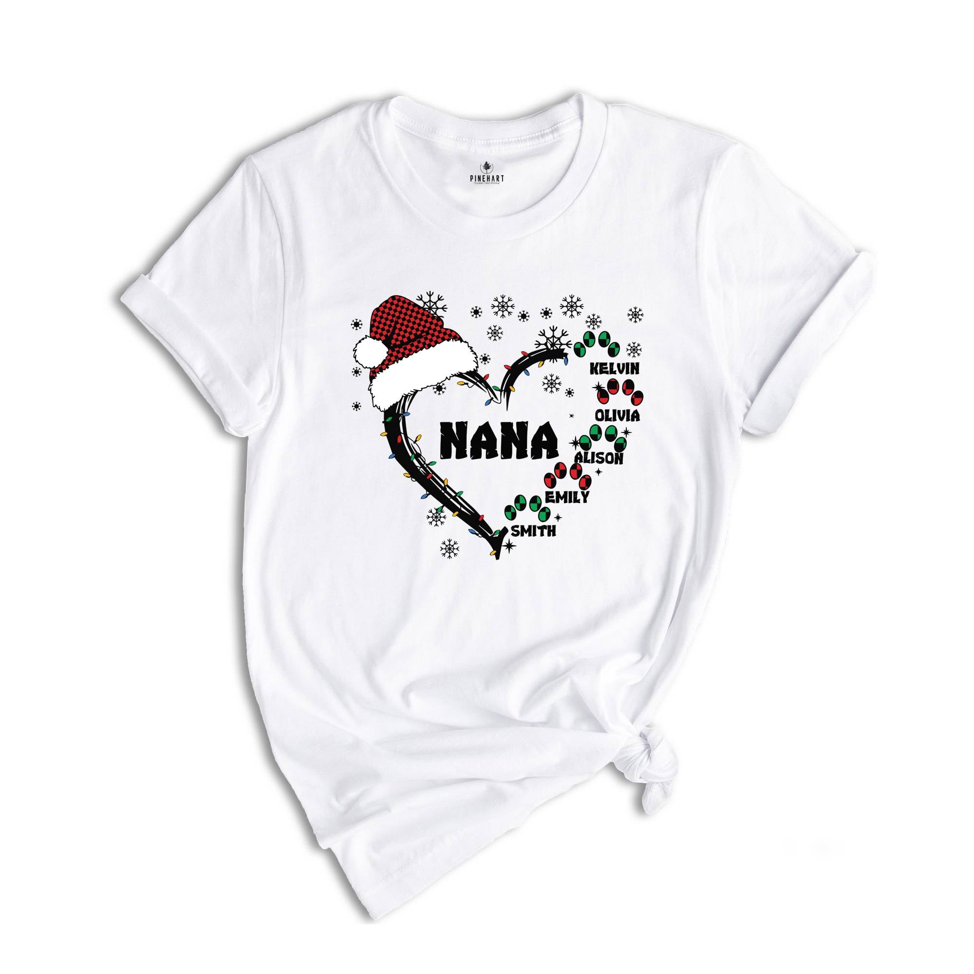 Custom Nana Christmas Shirt, Grandkids Name Shirt, Gift for Nana, Grandma Christmas Shirt, Grandma Heart Shirt, Nana Holiday Tee