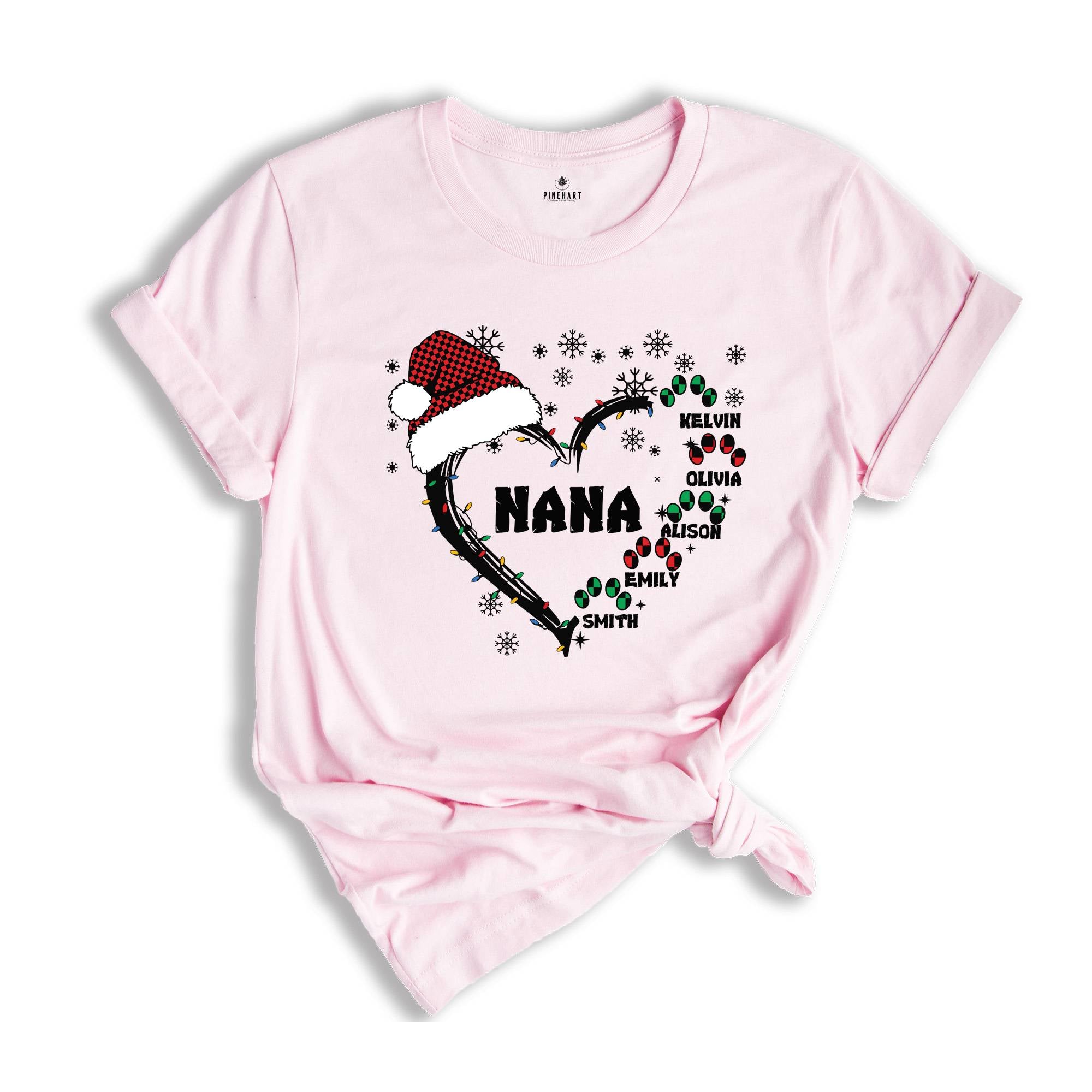 Custom Nana Christmas Shirt, Grandkids Name Shirt, Gift for Nana, Grandma Christmas Shirt, Grandma Heart Shirt, Nana Holiday Tee