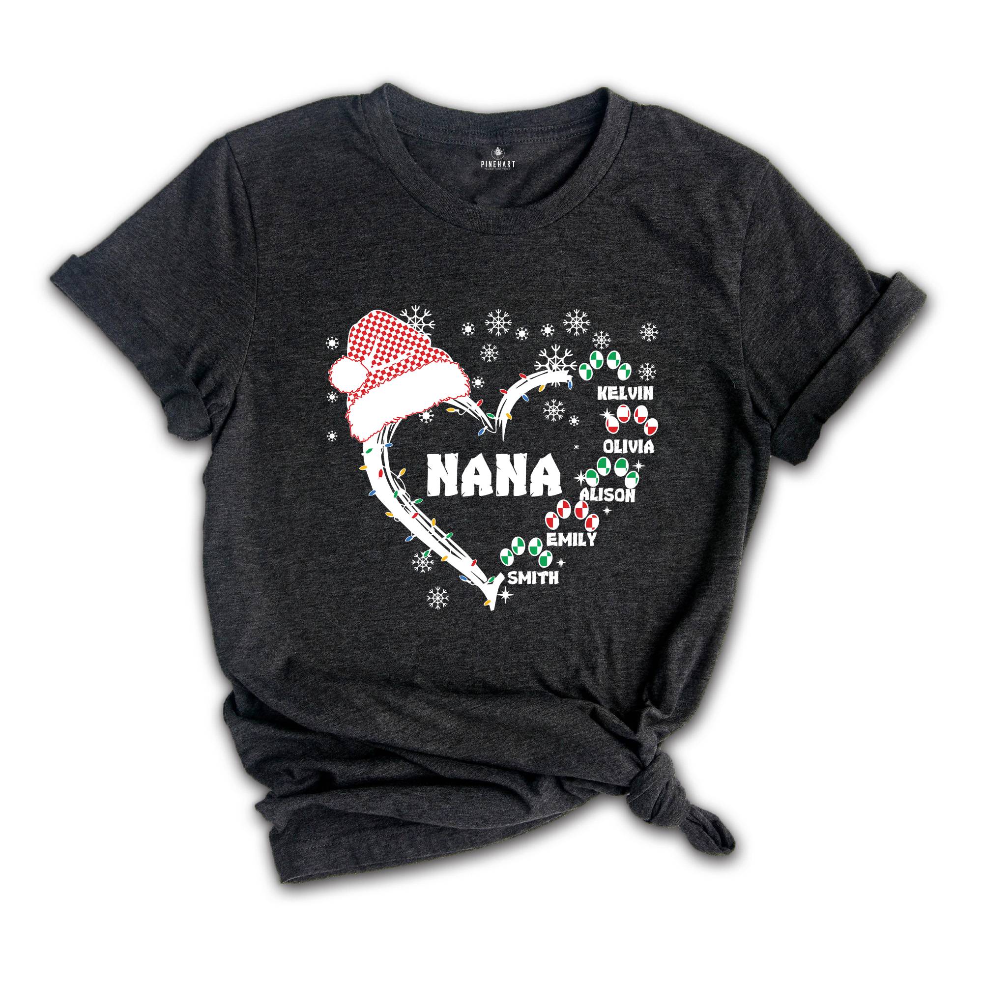 Custom Nana Christmas Shirt, Grandkids Name Shirt, Gift for Nana, Grandma Christmas Shirt, Grandma Heart Shirt, Nana Holiday Tee