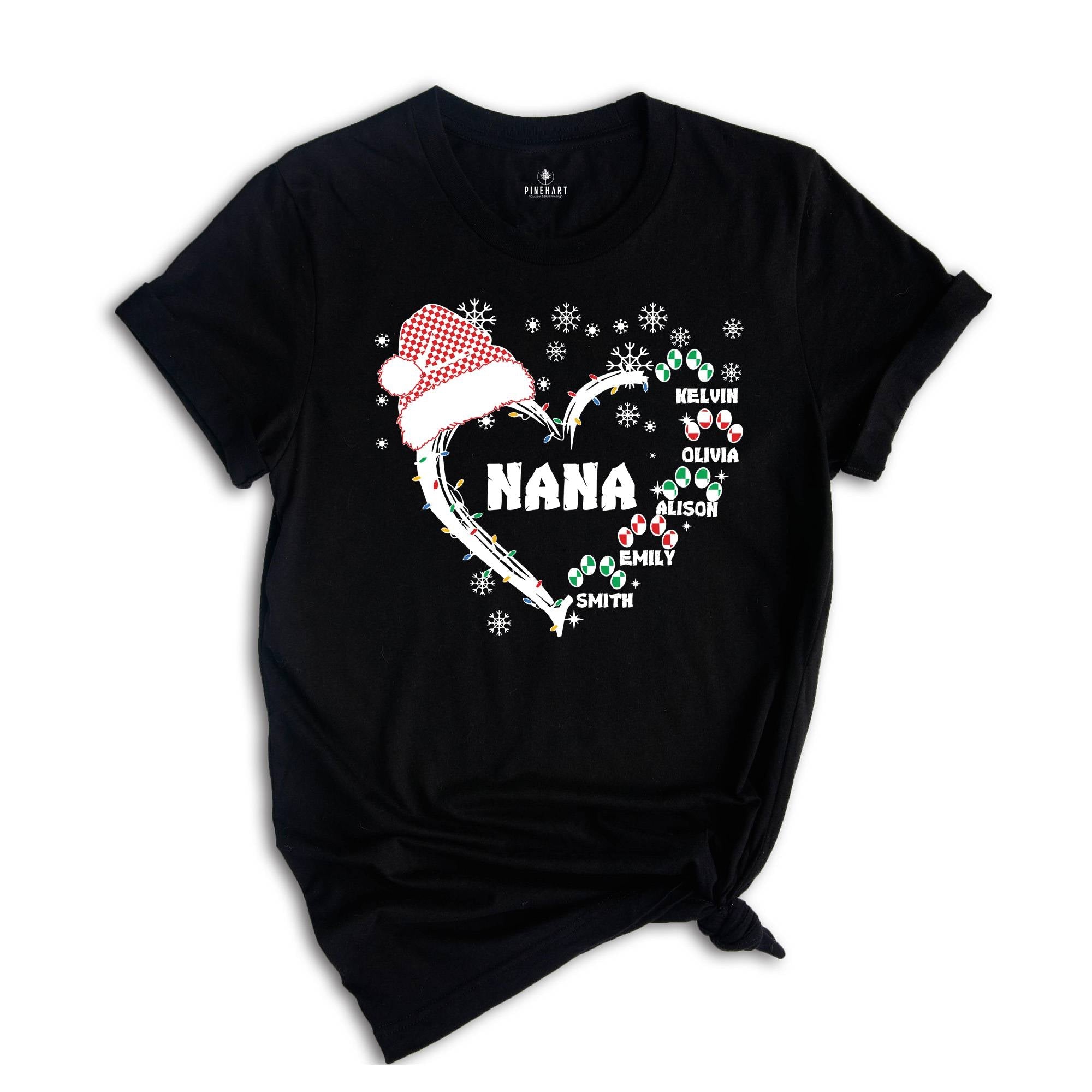 Custom Nana Christmas Shirt, Grandkids Name Shirt, Gift for Nana, Grandma Christmas Shirt, Grandma Heart Shirt, Nana Holiday Tee