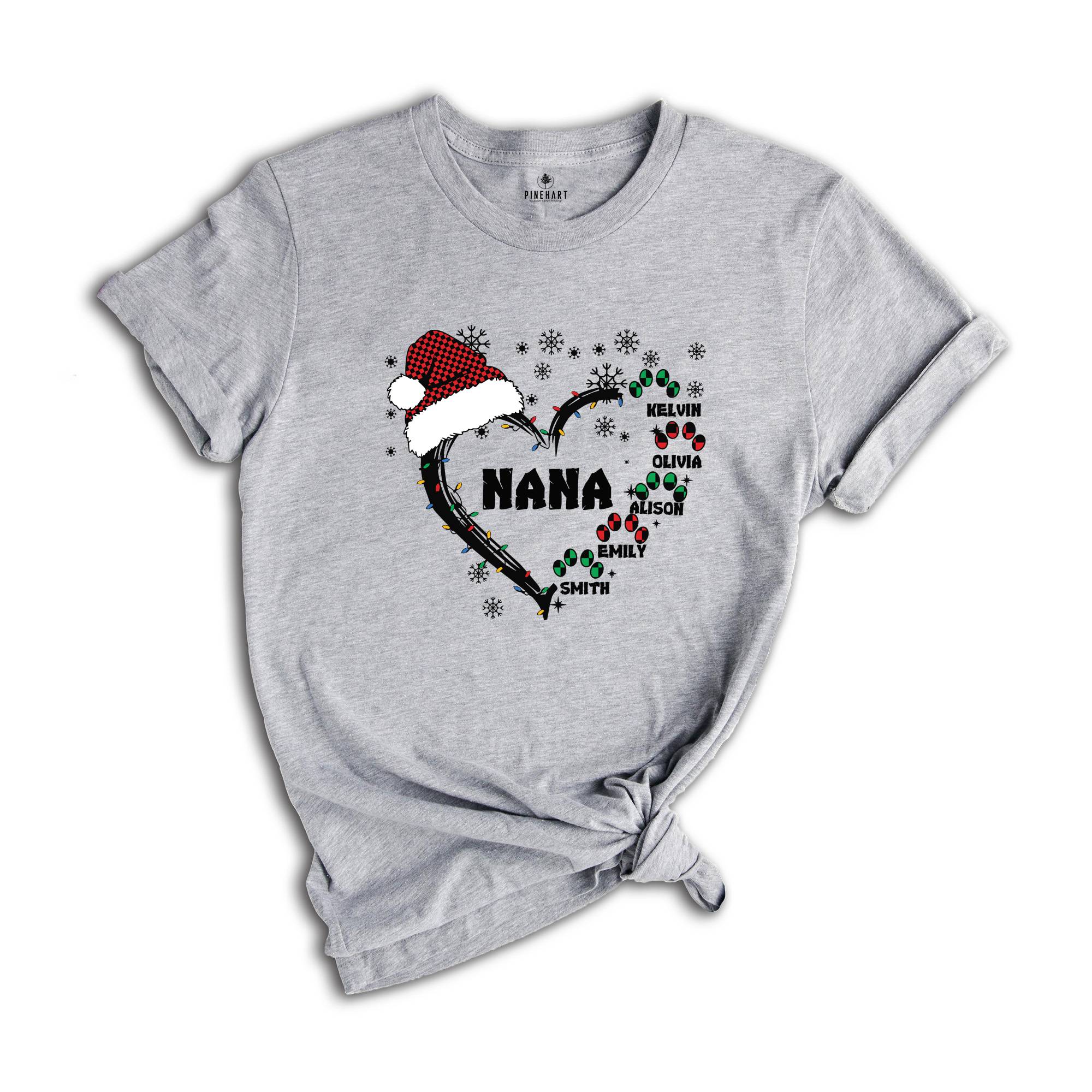 Custom Nana Christmas Shirt, Grandkids Name Shirt, Gift for Nana, Grandma Christmas Shirt, Grandma Heart Shirt, Nana Holiday Tee