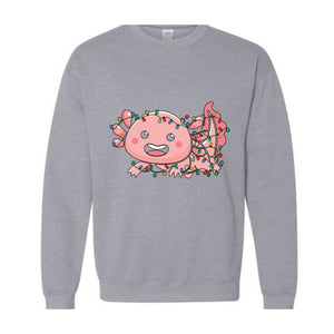 Cute Axolotl Christmas Lights Sweatshirt, Axolotl Lover Sweater, Santa Axolotl Sweatshirt, Axolotl Holiday Sweatshirt