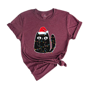 Cute Black Cat Shirt, Christmas Cat Shirt, Christmas Light Shirt, Comfort Colors Cat Shirt, Cat Lover Shirt, Animal Lover Shirt, Cat Mom Tee