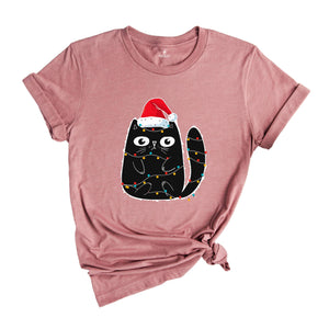 Cute Black Cat Shirt, Christmas Cat Shirt, Christmas Light Shirt, Comfort Colors Cat Shirt, Cat Lover Shirt, Animal Lover Shirt, Cat Mom Tee