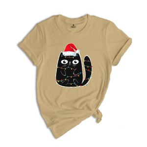 Cute Black Cat Shirt, Christmas Cat Shirt, Christmas Light Shirt, Comfort Colors Cat Shirt, Cat Lover Shirt, Animal Lover Shirt, Cat Mom Tee
