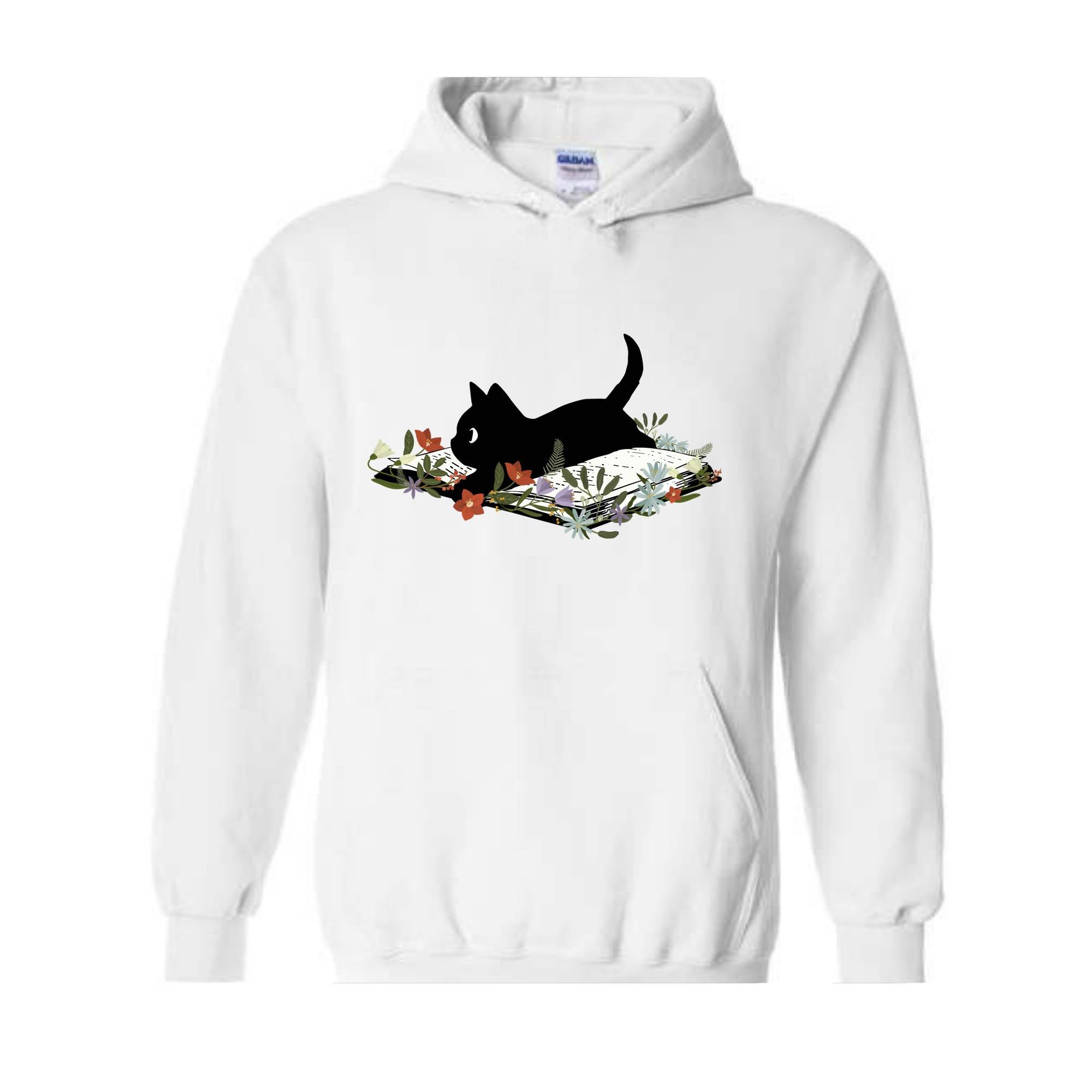Cute Book Cat Sweatshirt, Floral Cat Bookish Sweatshirt, Gift For Cat Lovers, Cat Mom Hoodie, Bookish Cat Sweater