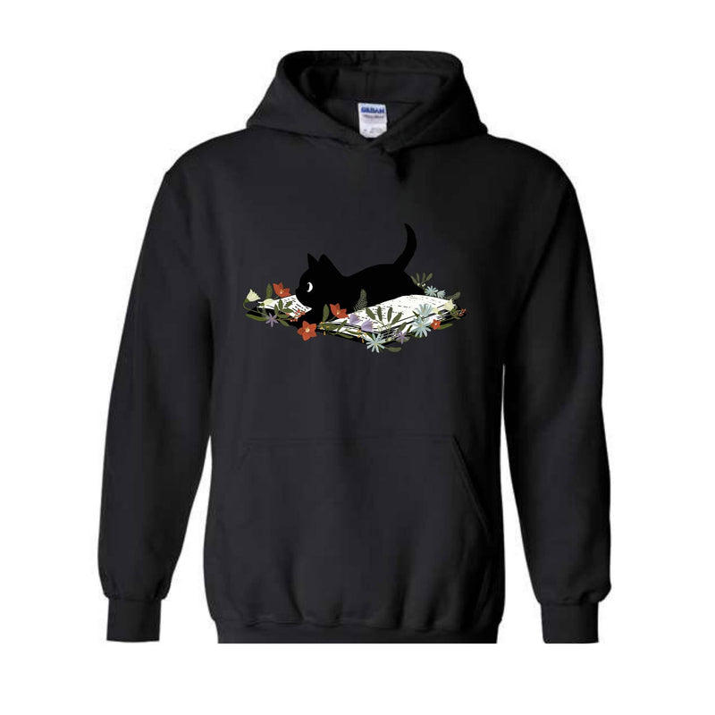 Cute Book Cat Sweatshirt, Floral Cat Bookish Sweatshirt, Gift For Cat Lovers, Cat Mom Hoodie, Bookish Cat Sweater