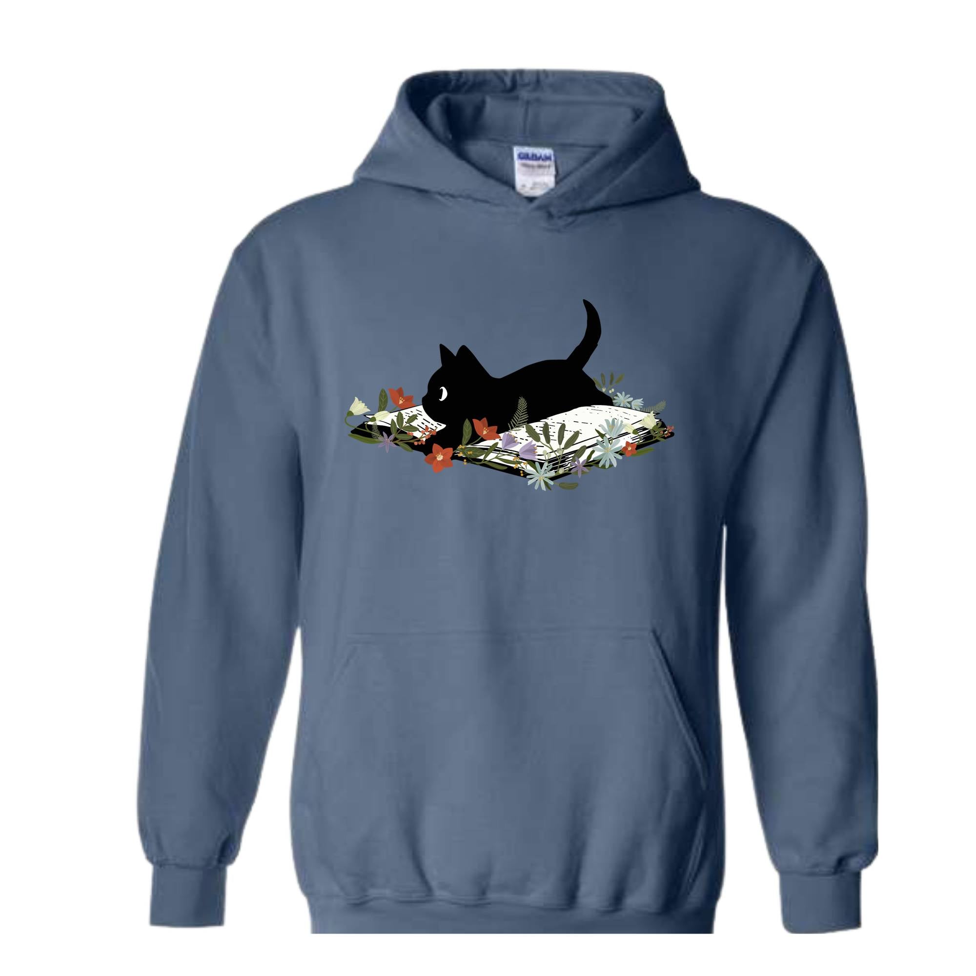Cute Book Cat Sweatshirt, Floral Cat Bookish Sweatshirt, Gift For Cat Lovers, Cat Mom Hoodie, Bookish Cat Sweater