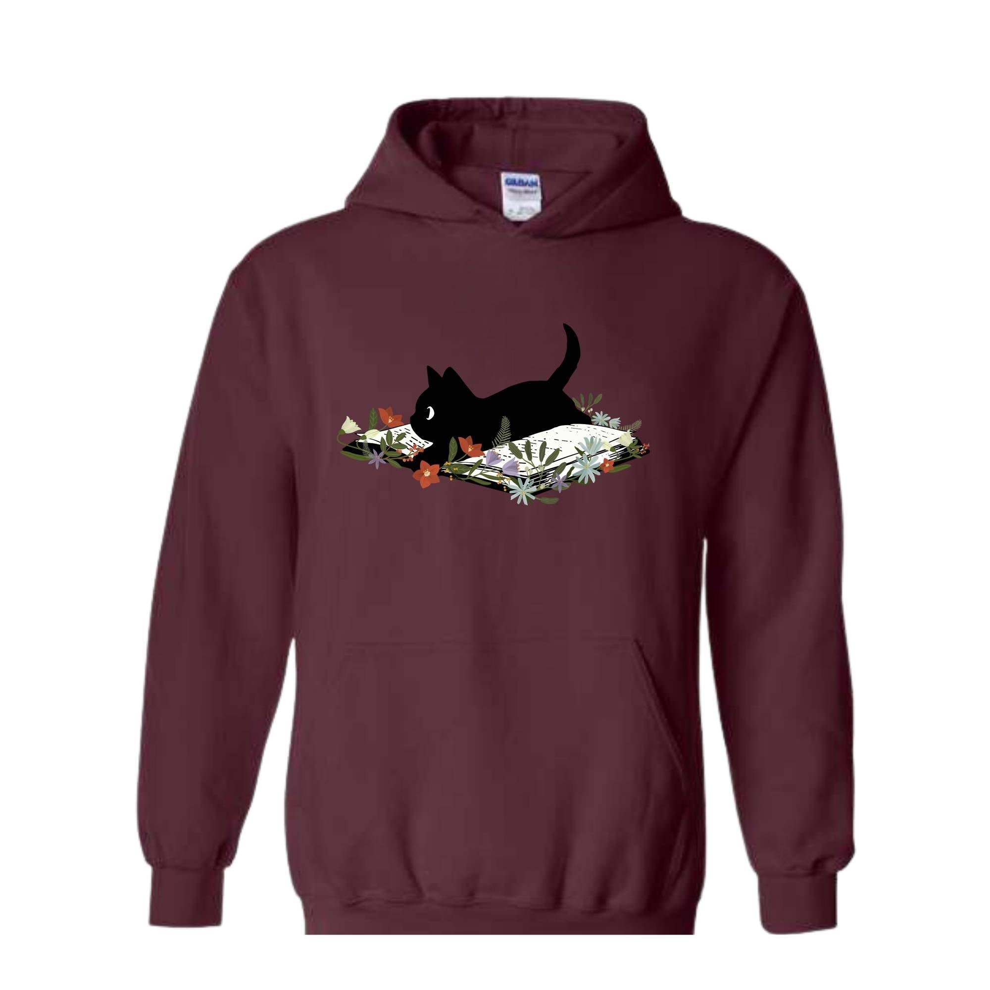 Cute Book Cat Sweatshirt, Floral Cat Bookish Sweatshirt, Gift For Cat Lovers, Cat Mom Hoodie, Bookish Cat Sweater