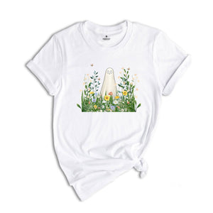 Cute Ghost in Wildflowers Shirt, Spooky Fall Aesthetic Halloween Floral Tee, Retro October T-Shirt, Cozy Ghostcore Gift
