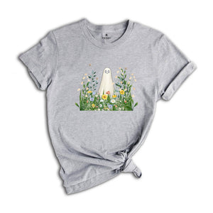 Cute Ghost in Wildflowers Shirt, Spooky Fall Aesthetic Halloween Floral Tee, Retro October T-Shirt, Cozy Ghostcore Gift