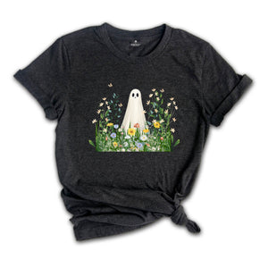 Cute Ghost in Wildflowers Shirt, Spooky Fall Aesthetic Halloween Floral Tee, Retro October T-Shirt, Cozy Ghostcore Gift