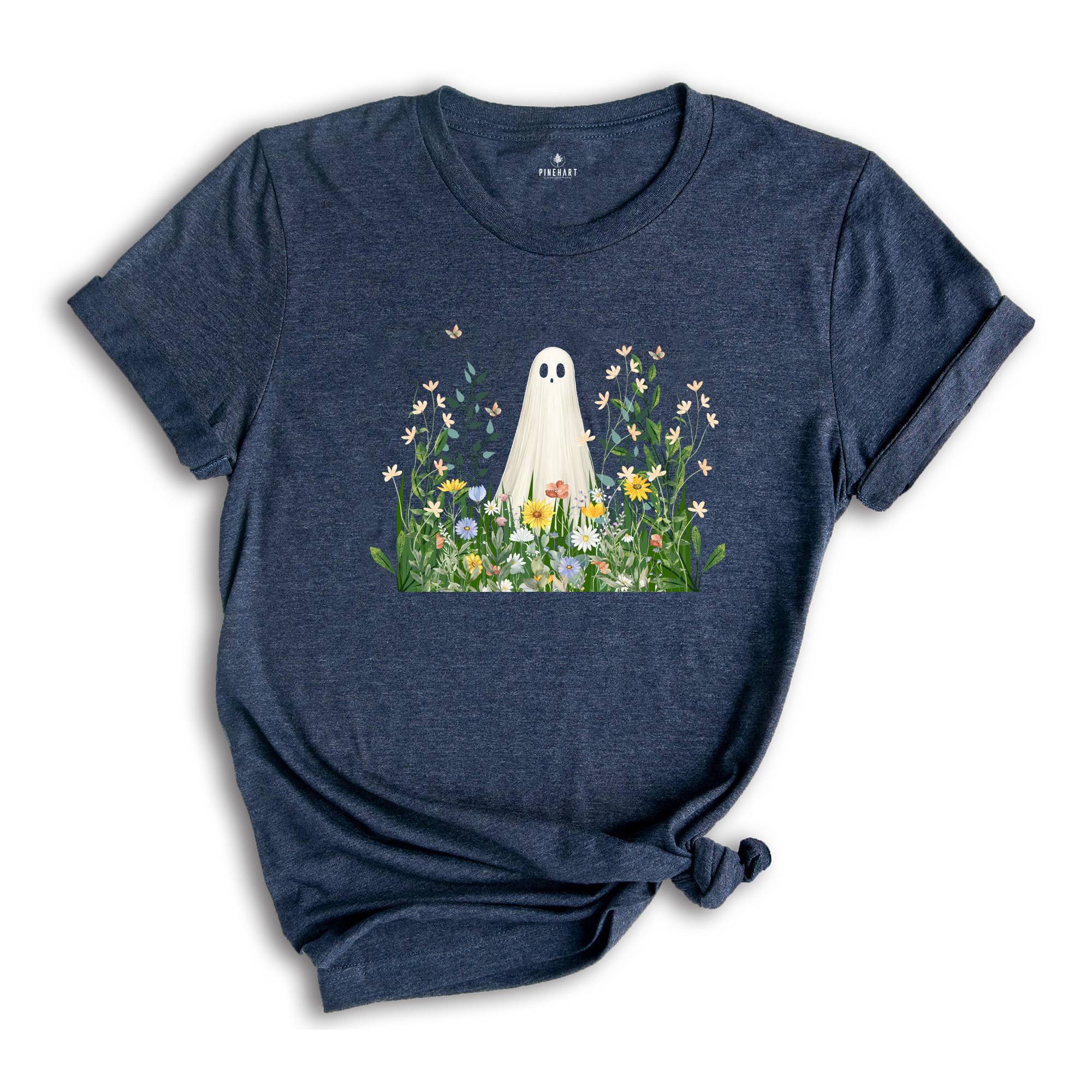 Cute Ghost in Wildflowers Shirt, Spooky Fall Aesthetic Halloween Floral Tee, Retro October T-Shirt, Cozy Ghostcore Gift