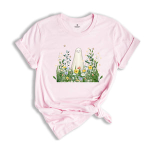 Cute Ghost in Wildflowers Shirt, Spooky Fall Aesthetic Halloween Floral Tee, Retro October T-Shirt, Cozy Ghostcore Gift