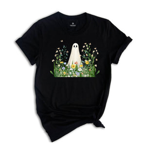 Cute Ghost in Wildflowers Shirt, Spooky Fall Aesthetic Halloween Floral Tee, Retro October T-Shirt, Cozy Ghostcore Gift