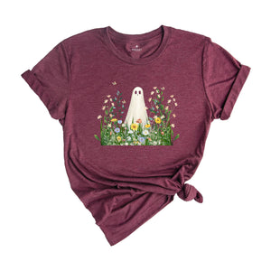 Cute Ghost in Wildflowers Shirt, Spooky Fall Aesthetic Halloween Floral Tee, Retro October T-Shirt, Cozy Ghostcore Gift