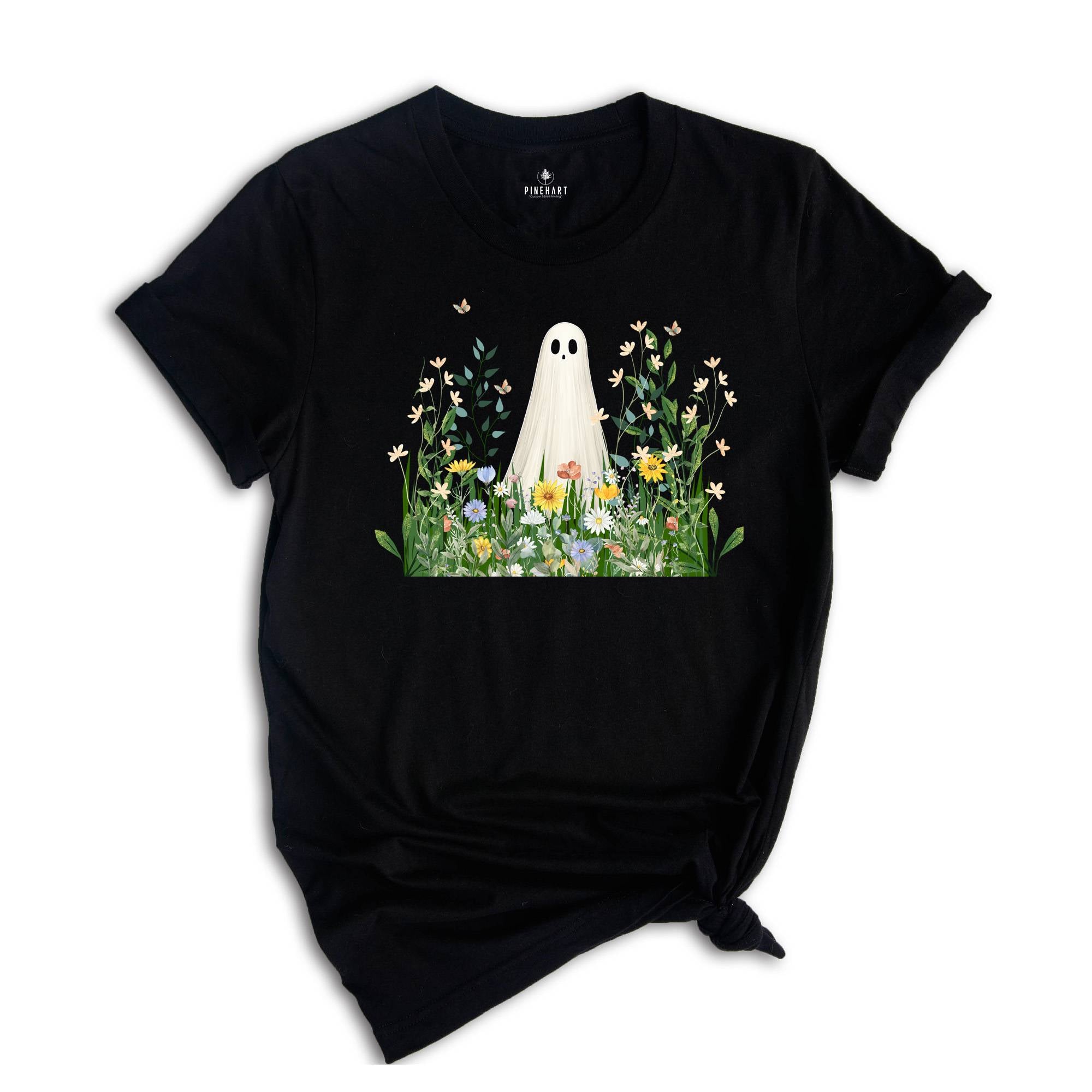 Cute Ghost in Wildflowers Shirt, Spooky Fall Aesthetic Halloween Floral Tee, Retro October T-Shirt, Cozy Ghostcore Gift