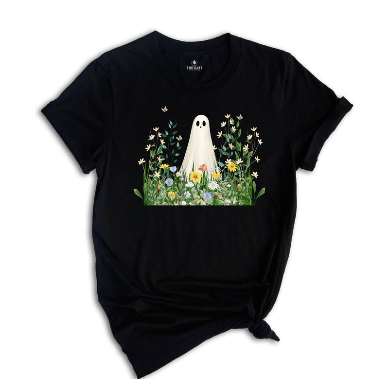 Cute Ghost in Wildflowers Shirt, Spooky Fall Aesthetic Halloween Floral Tee, Retro October T-Shirt, Cozy Ghostcore Gift