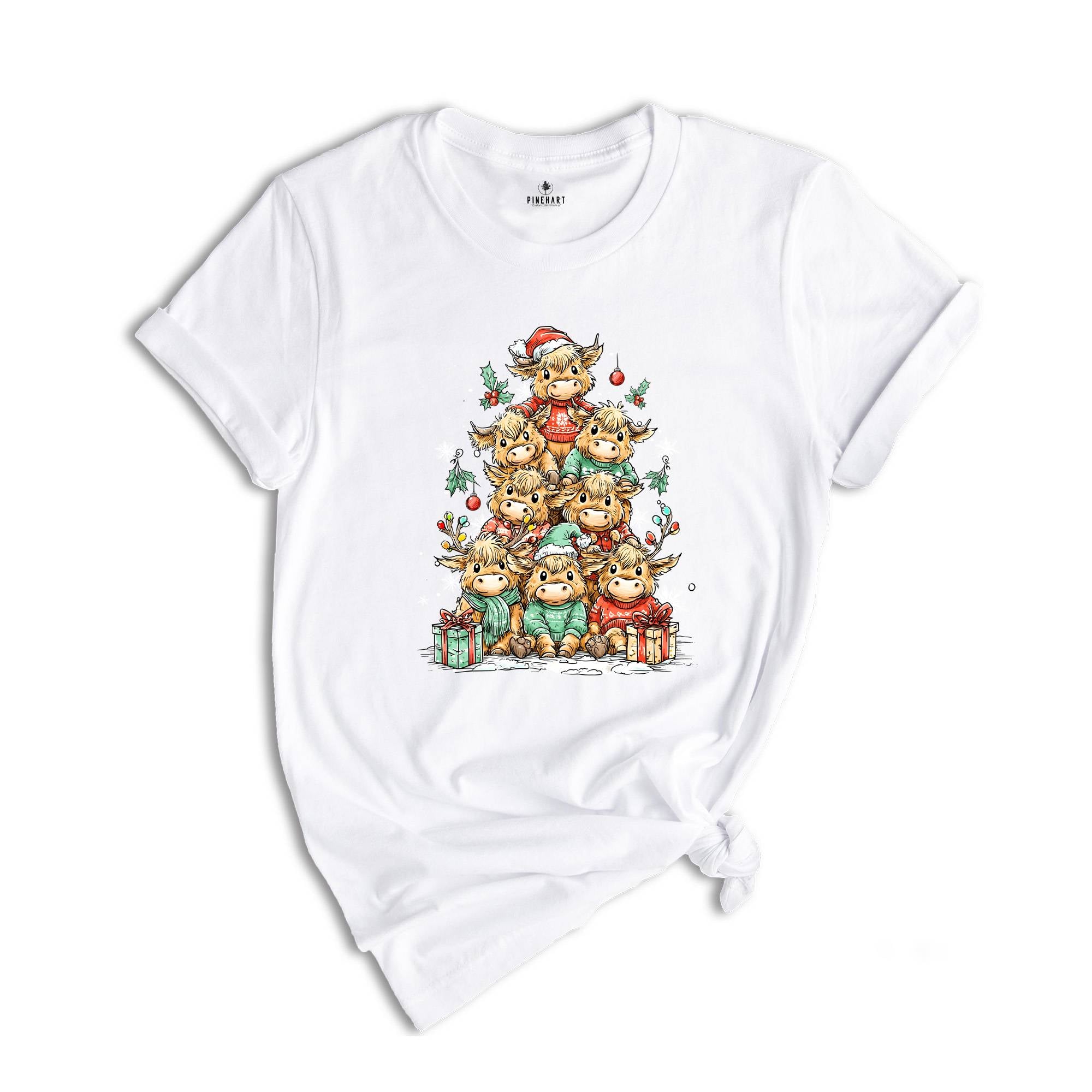 Cute Highland Cow Christmas Shirt Holiday Cow Lover Gift Cozy Winter Fluffy Cow Xmas Trees Shirt