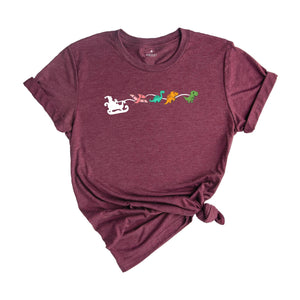 Dinosaur Sleigh T-Shirt, Christmas Dinosaurs Shirt, Christmas Dinosaurs With Santa Hat, Dinosaur Lover Tee, Xmas Outfit