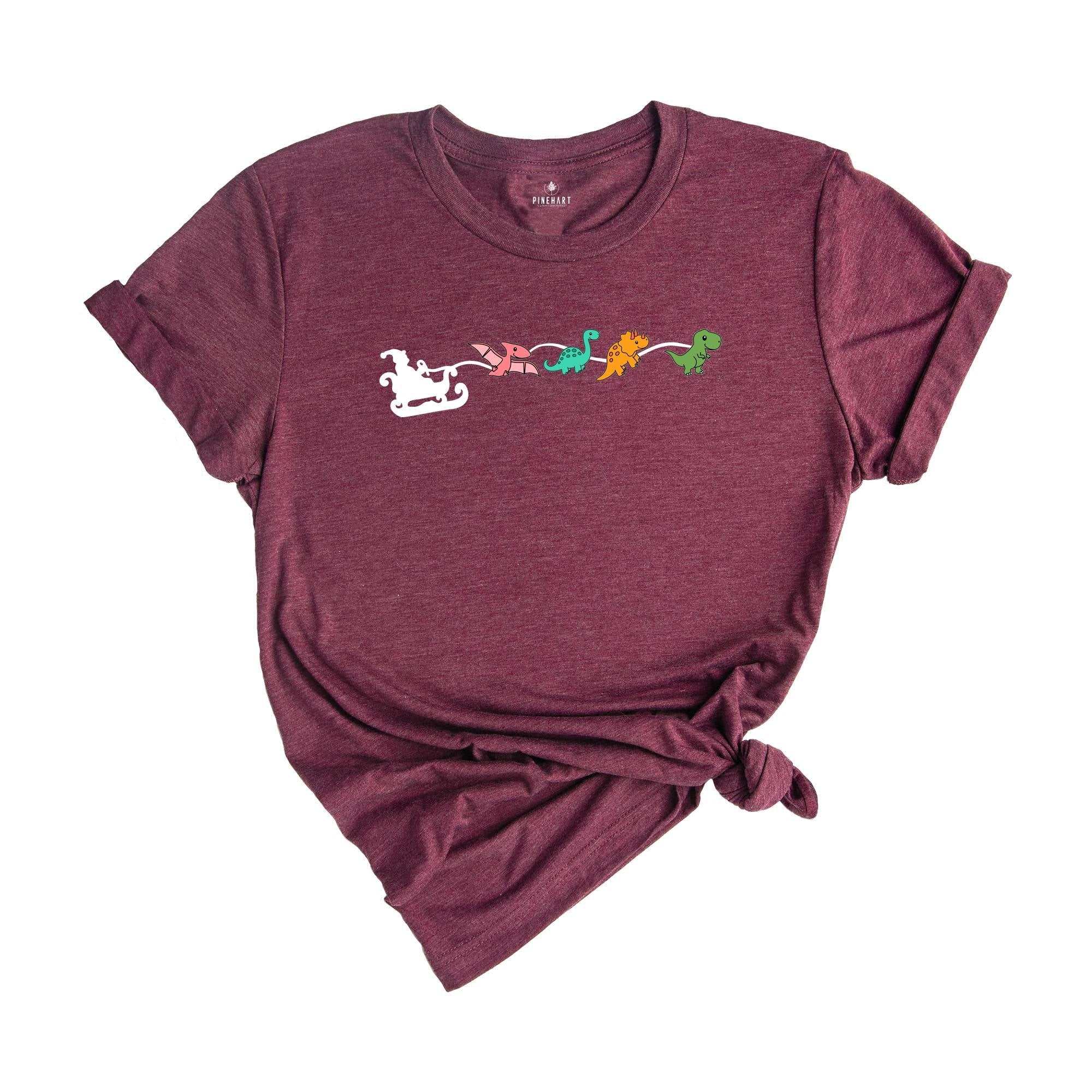 Dinosaur Sleigh T-Shirt, Christmas Dinosaurs Shirt, Christmas Dinosaurs With Santa Hat, Dinosaur Lover Tee, Xmas Outfit