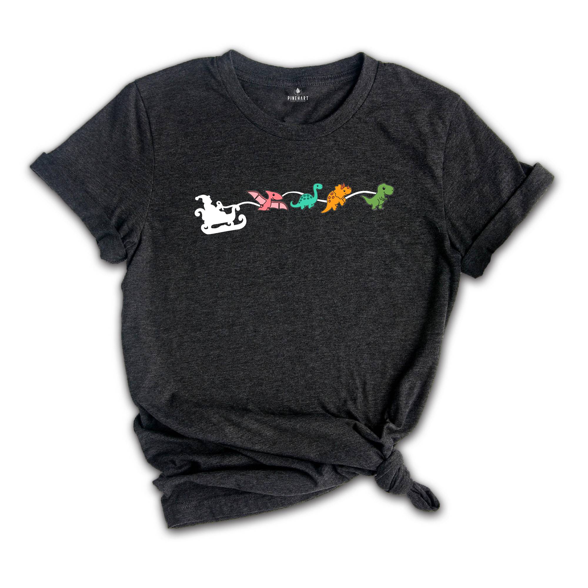 Dinosaur Sleigh T-Shirt, Christmas Dinosaurs Shirt, Christmas Dinosaurs With Santa Hat, Dinosaur Lover Tee, Xmas Outfit