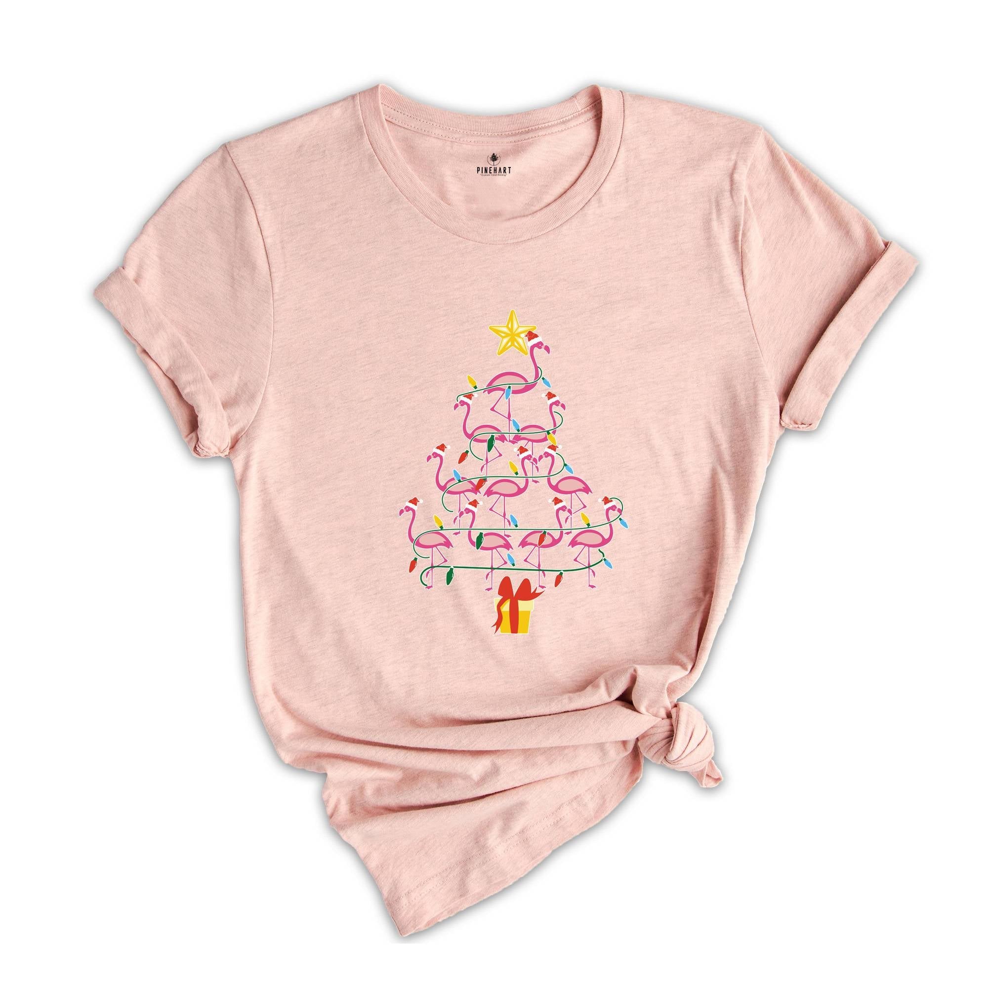 Flamingo Christmas Tree Shirt, Christmas Party T-Shirt, Tropical Christmas Shirt, Flamingo Shirt, Pink Flamingo Shirt