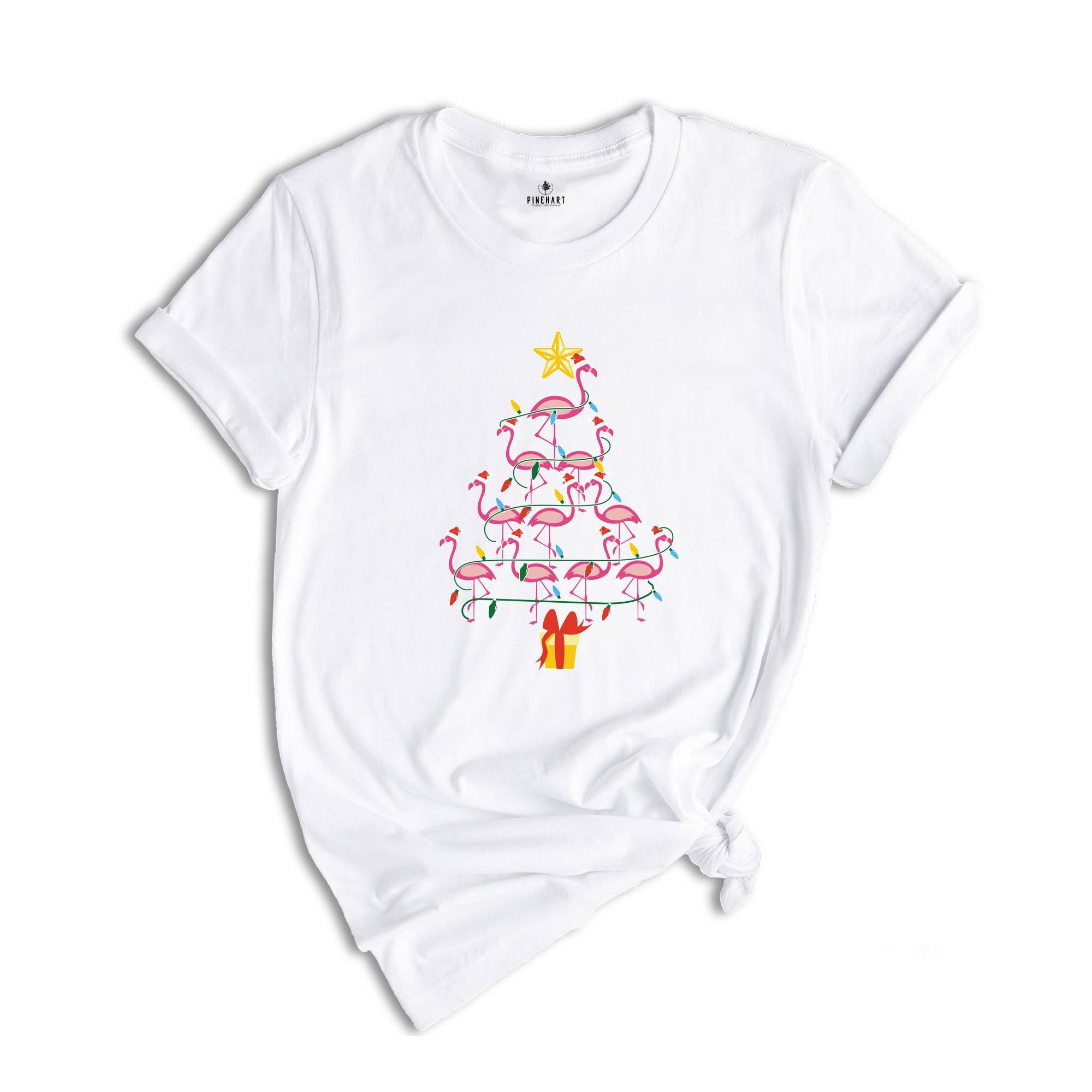 Flamingo Christmas Tree Shirt, Christmas Party T-Shirt, Tropical Christmas Shirt, Flamingo Shirt, Pink Flamingo Shirt