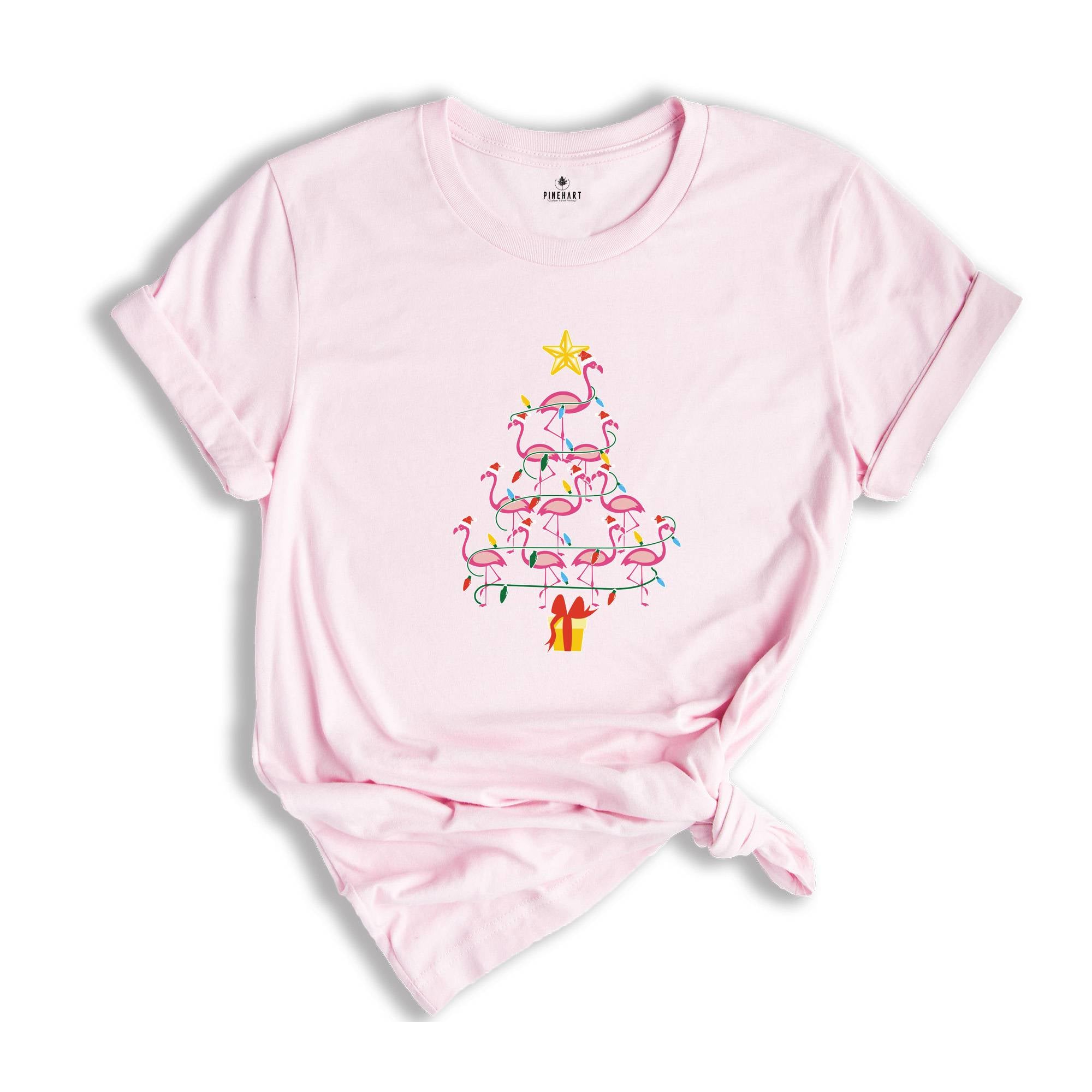 Flamingo Christmas Tree Shirt, Christmas Party T-Shirt, Tropical Christmas Shirt, Flamingo Shirt, Pink Flamingo Shirt