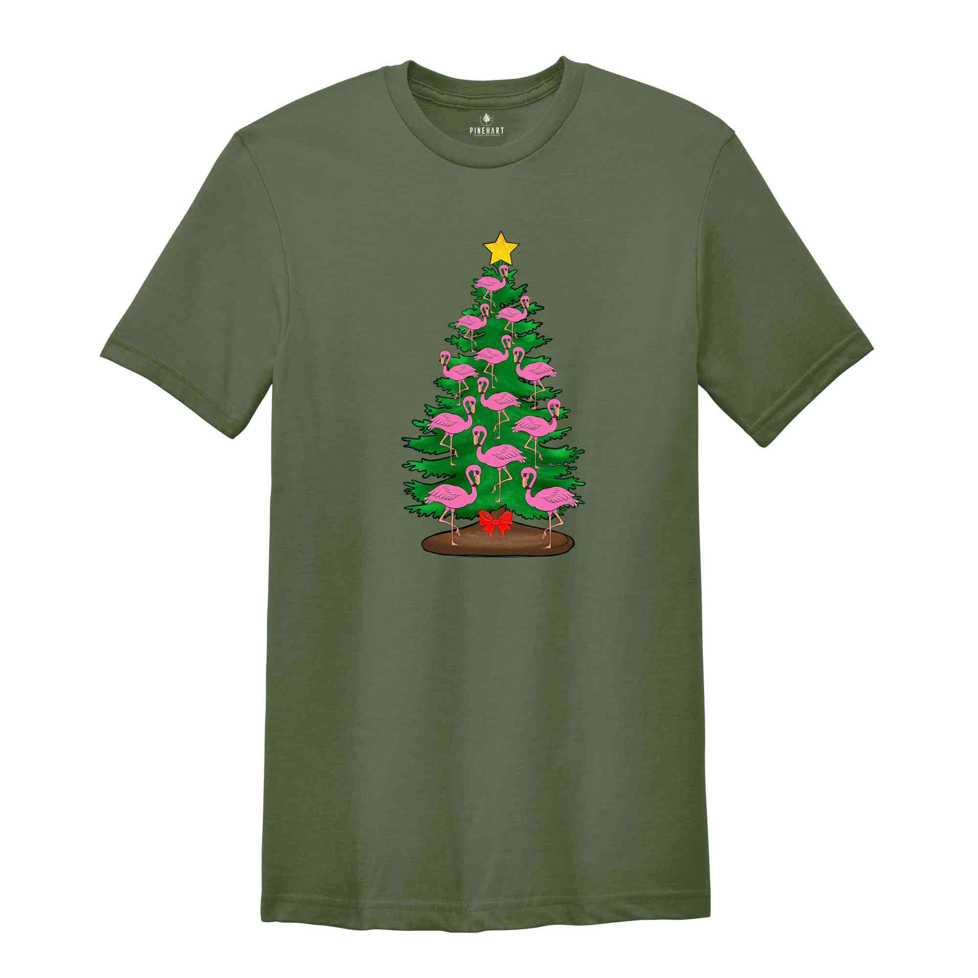 Flamingo Tree Christmas T-Shirt, Christmas Tree Tee, Christmas Family Tee, Funny Christmas Shirt, Christmas Gift, Cute Animal Tee