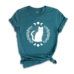 Floral Black Cat Moon Shirt, Witchy Black Cat Shirt, Mystical Cat T-shirt, Moon Phase Shirt, Moon with Magic Tee, Black Cat Shirt