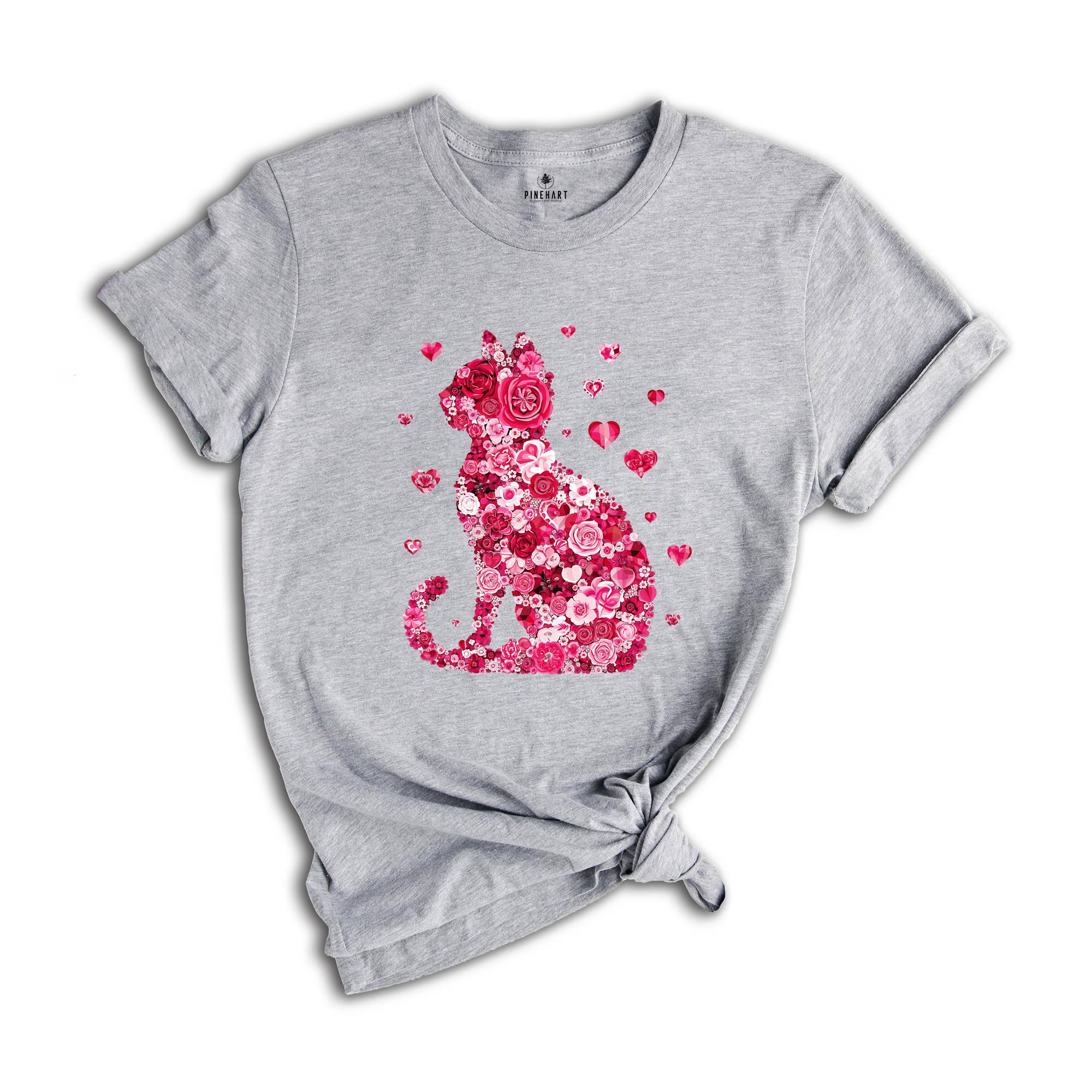 Floral Cat Valentines Shirt, Cat Lover Valentines Gift, Womens Valentines T-Shirt, Teachers Valentines, Cat Mom Valentine Gift