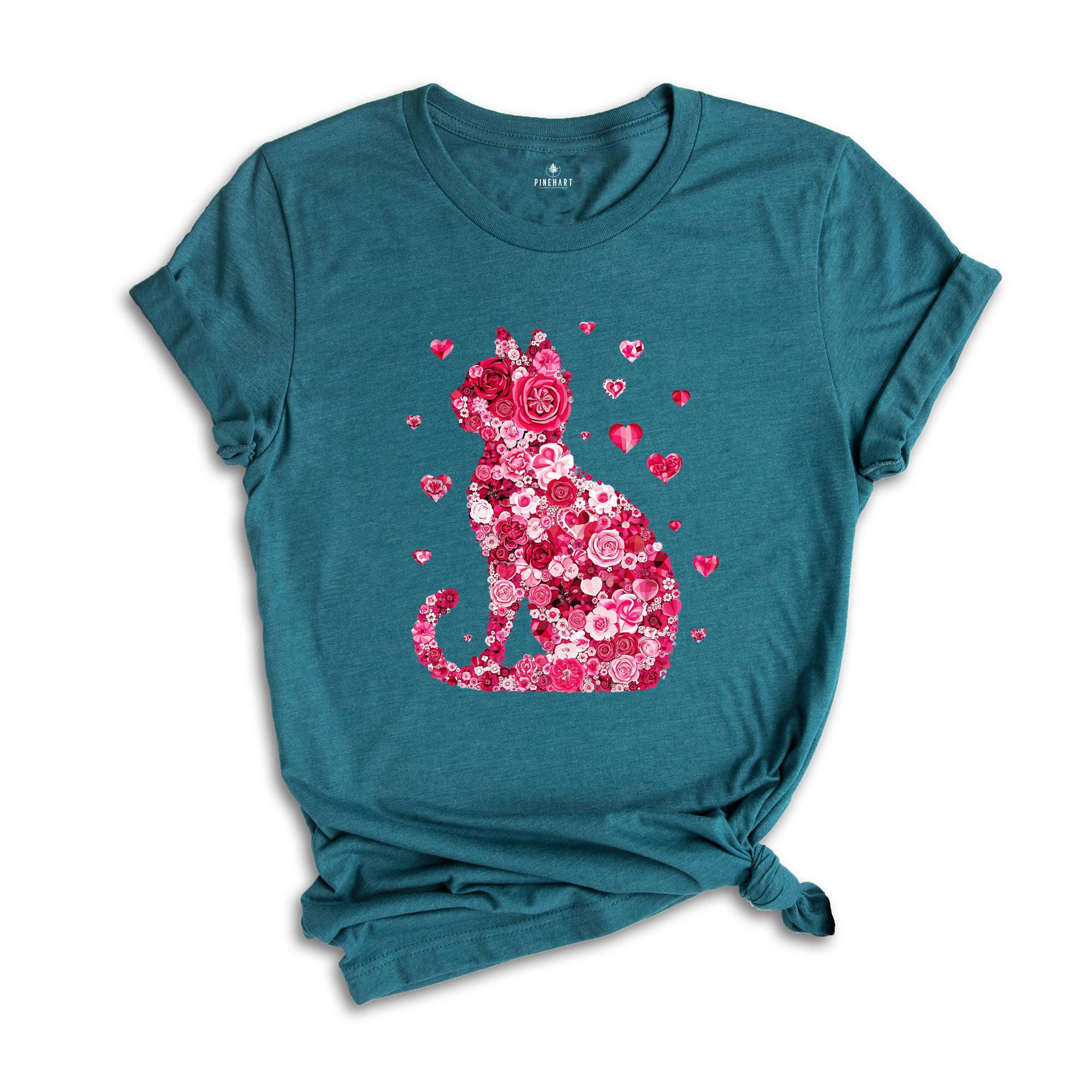 Floral Cat Valentines Shirt, Cat Lover Valentines Gift, Womens Valentines T-Shirt, Teachers Valentines, Cat Mom Valentine Gift
