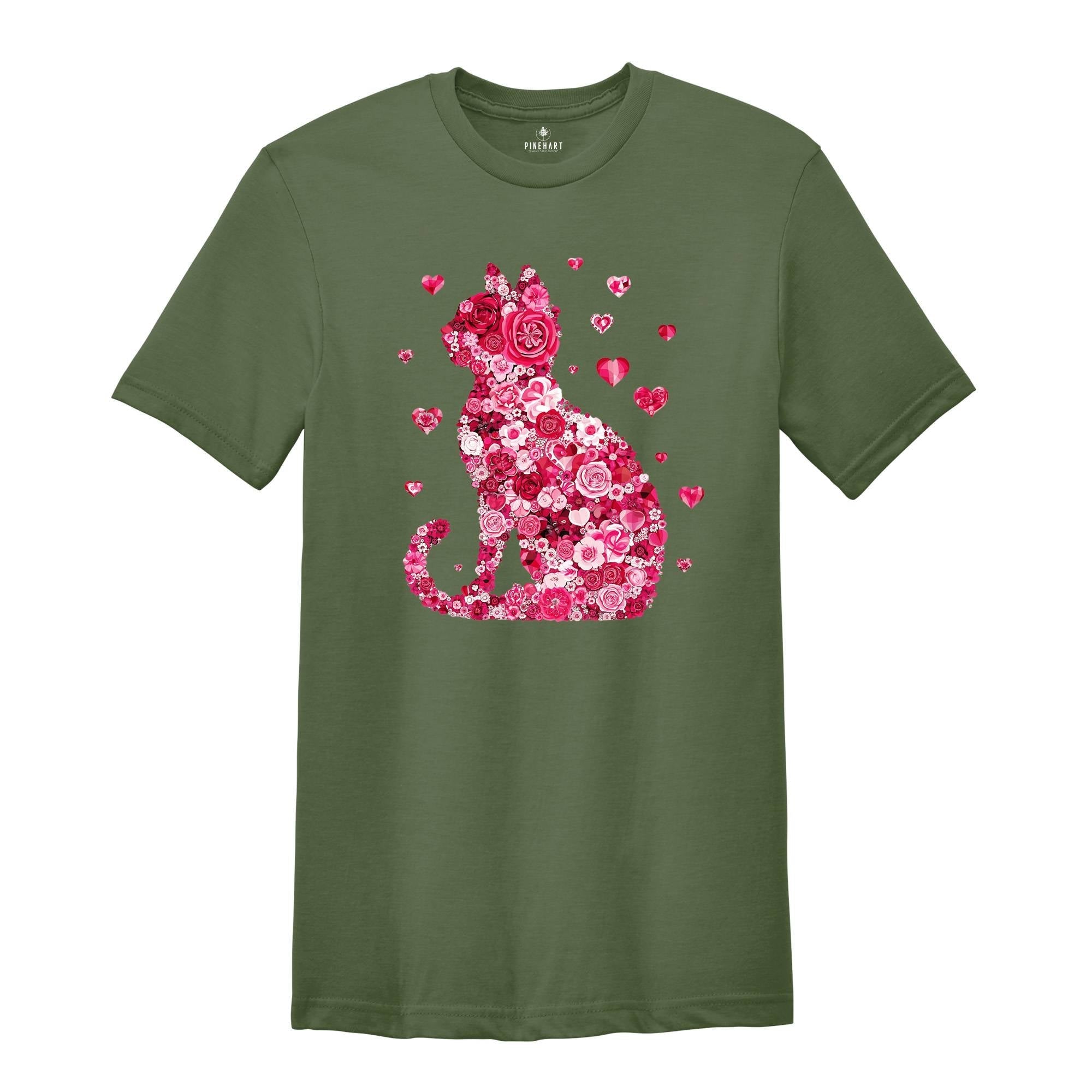 Floral Cat Valentines Shirt, Cat Lover Valentines Gift, Womens Valentines T-Shirt, Teachers Valentines, Cat Mom Valentine Gift