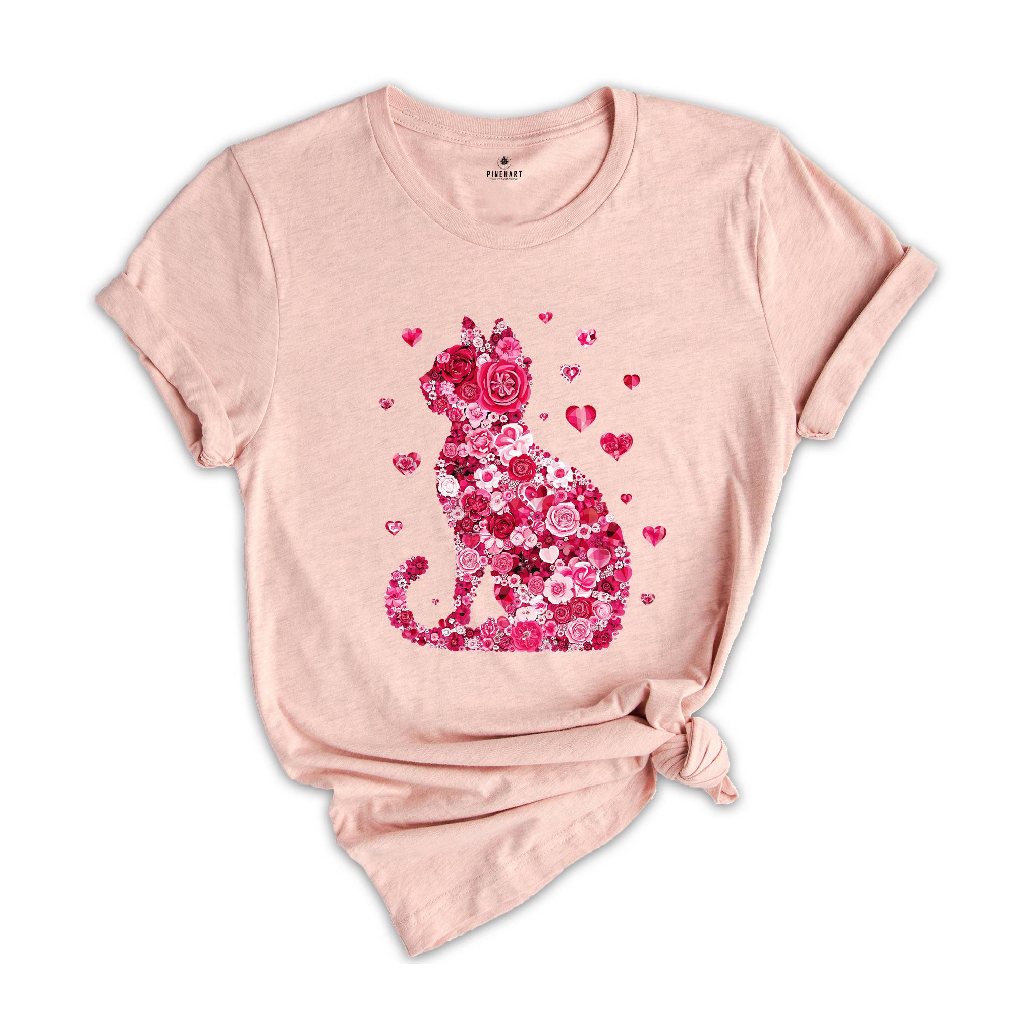 Floral Cat Valentines Shirt, Cat Lover Valentines Gift, Womens Valentines T-Shirt, Teachers Valentines, Cat Mom Valentine Gift
