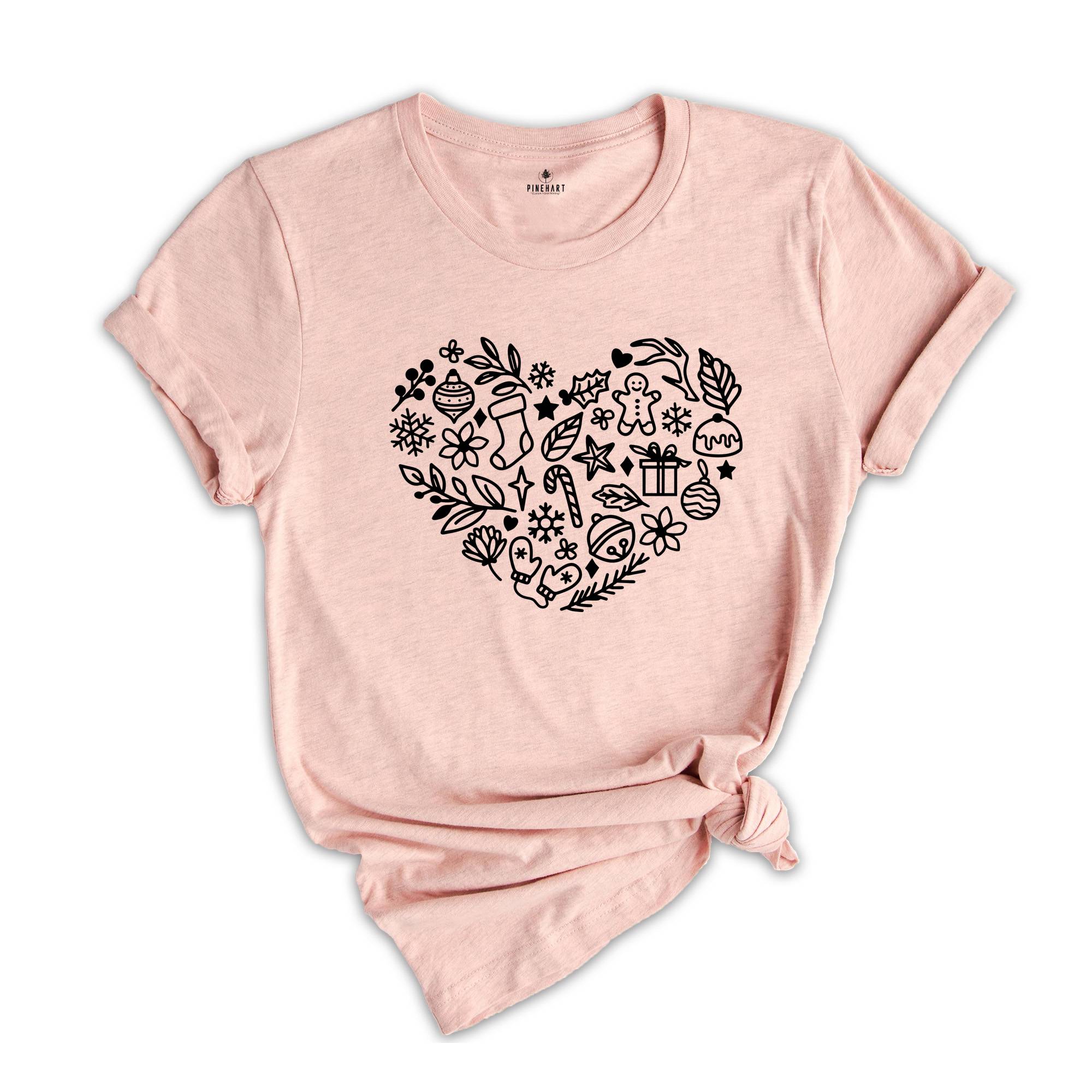Floral Christmas Heart Shirt, Christmas-Themed Shirt, New Year Shirt, Happy Christmas Shirt, Gift for Christmas
