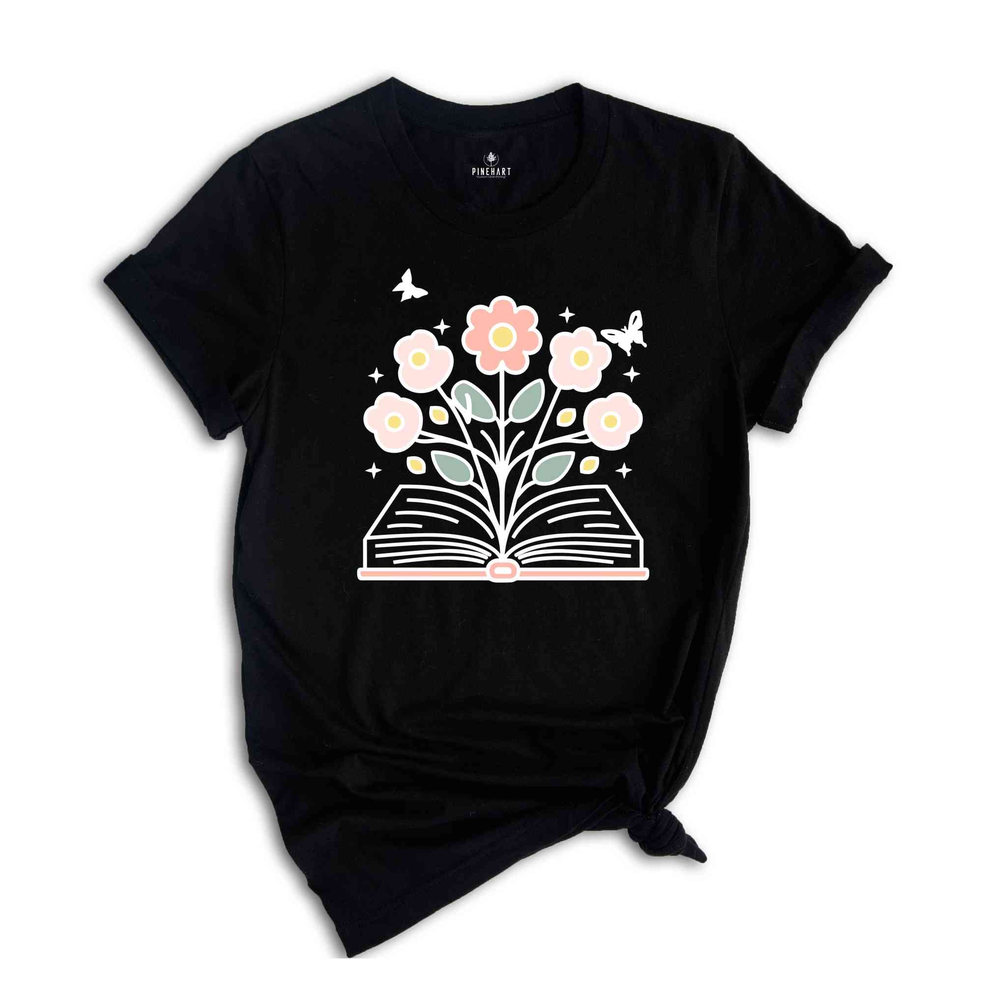 Flowers Shirt, Reading Book Shirt, Minimalist Wild Flower Shirt, Librarian Shirt Gifts, Floral Book Shirts, Gifts for Bookworm