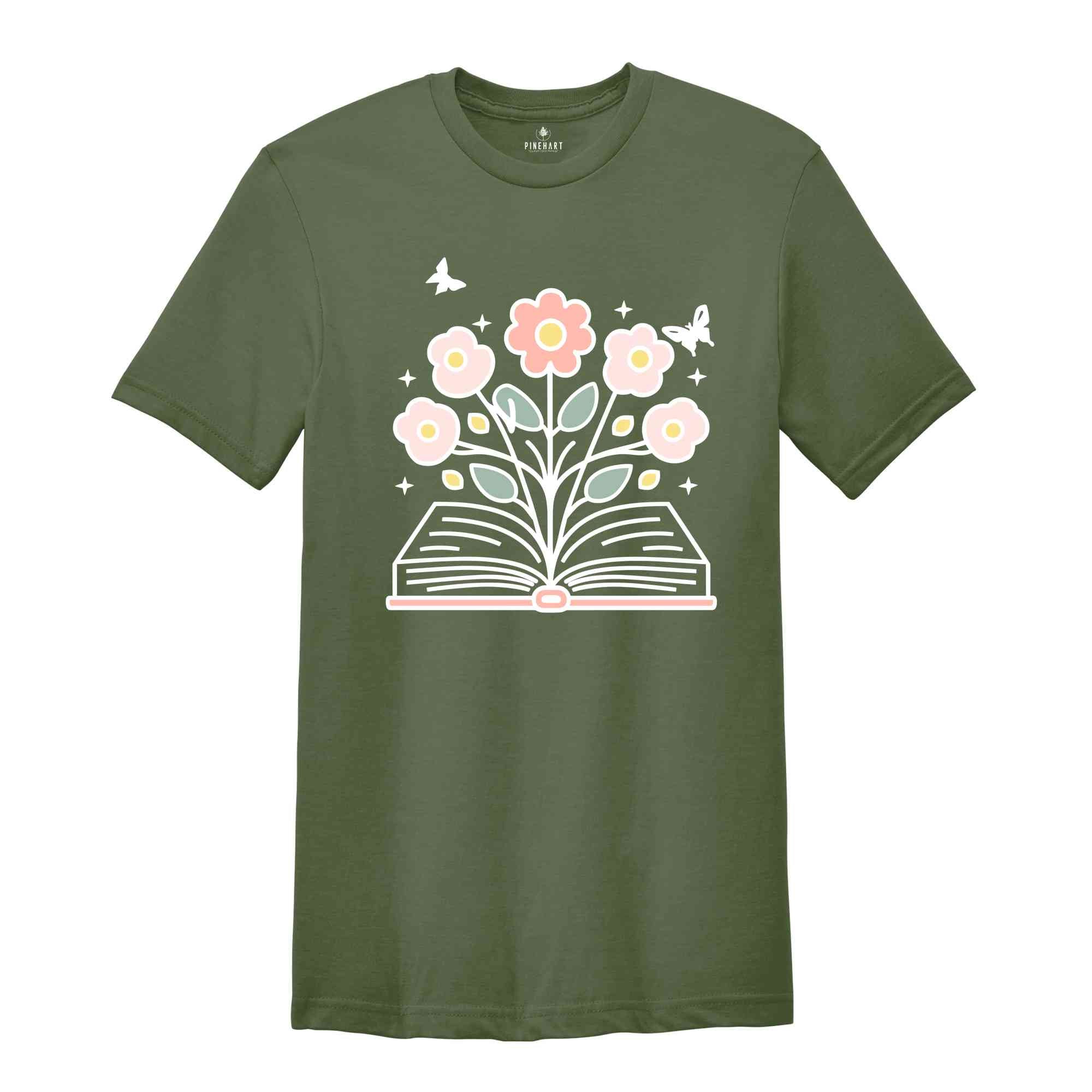 Flowers Shirt, Reading Book Shirt, Minimalist Wild Flower Shirt, Librarian Shirt Gifts, Floral Book Shirts, Gifts for Bookworm