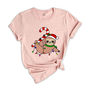 Funny Sloth Santa Hat Candy Cane T-Shirt, Merry Slothmas Shirt, Cute Sloth Tee, Sloth Lover Tee, Christmas Pajamas
