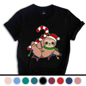 Funny Sloth Santa Hat Candy Cane T-Shirt, Merry Slothmas Shirt, Cute Sloth Tee, Sloth Lover Tee, Christmas Pajamas