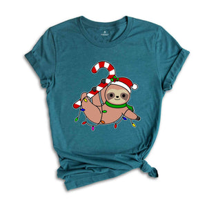Funny Sloth Santa Hat Candy Cane T-Shirt, Merry Slothmas Shirt, Cute Sloth Tee, Sloth Lover Tee, Christmas Pajamas